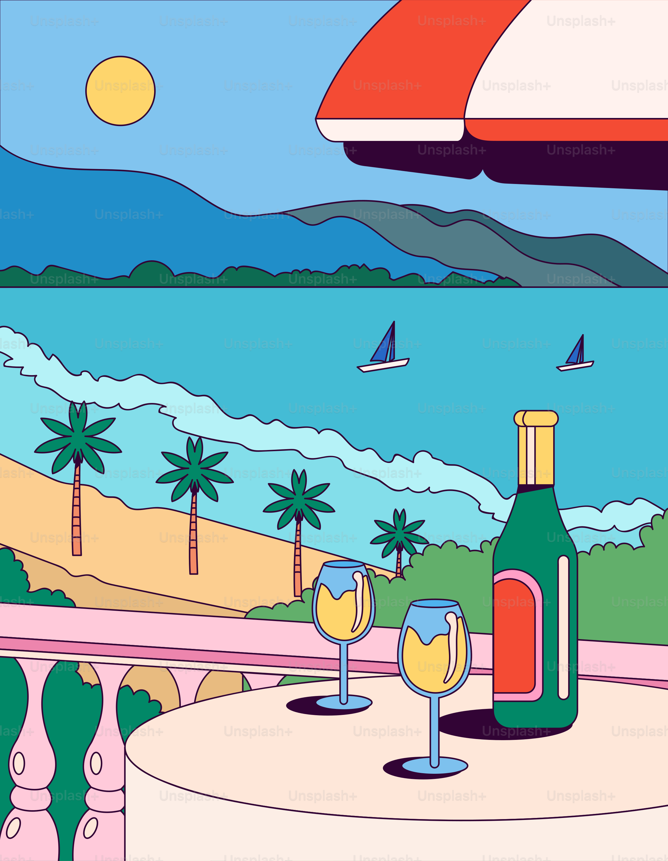 Strandszenen-Illustration mit Wein auf einem Balkon.