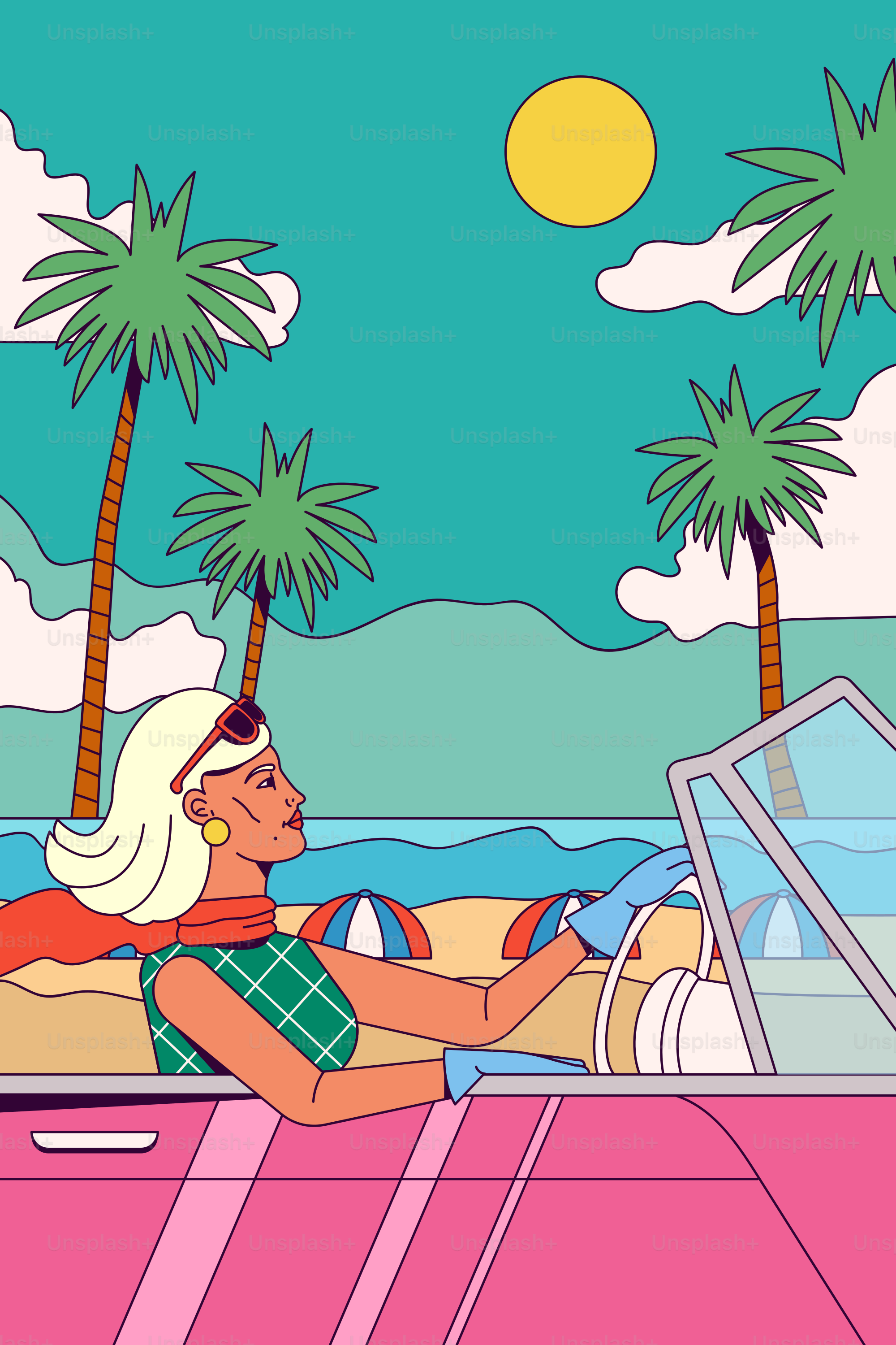Blonde Frau fährt ein pinkes Cabriolet an einem sonnigen Strand.