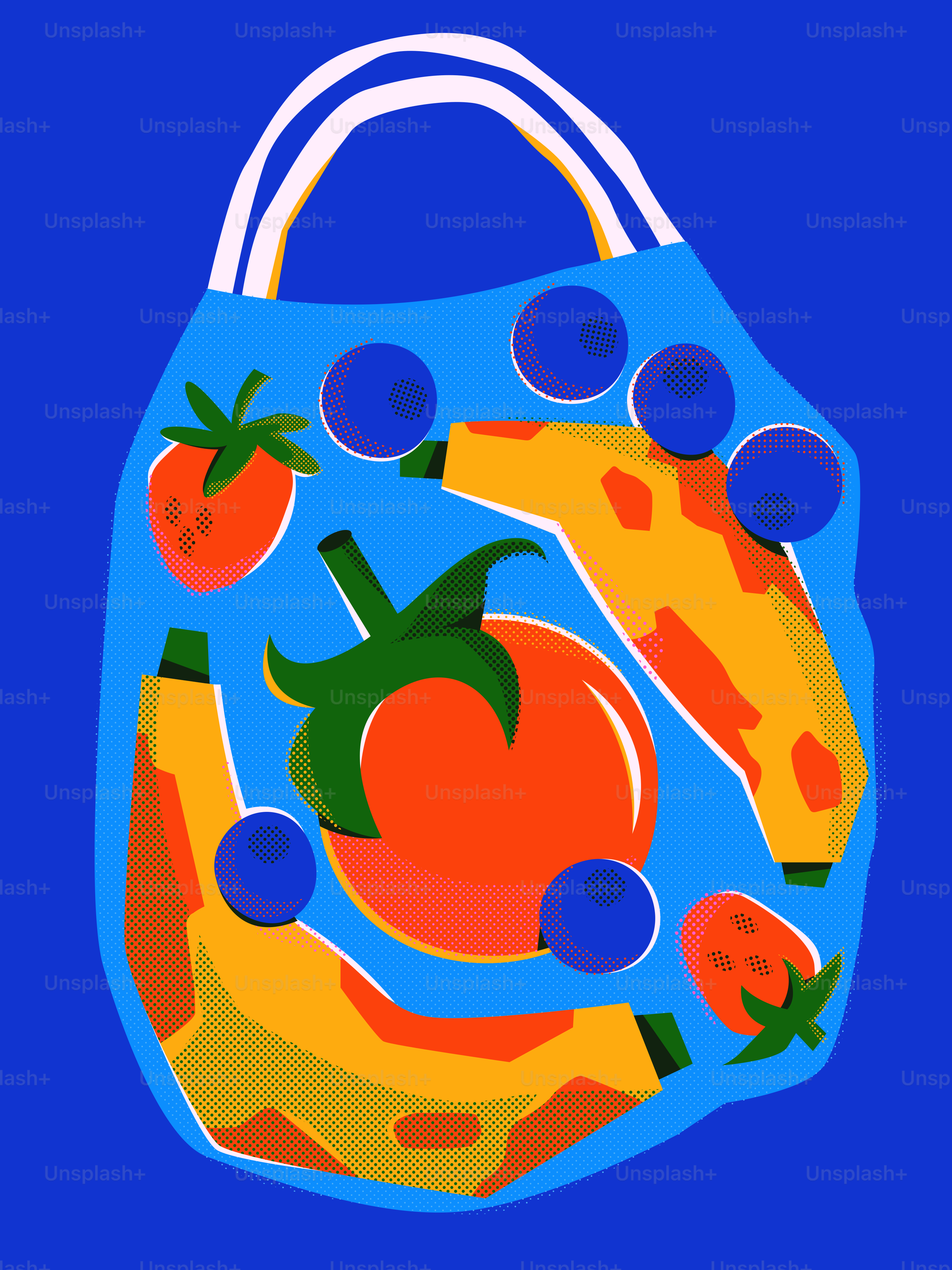 Eine blaue wiederverwendbare Tüte gefüllt mit Obst und einer Tomate.