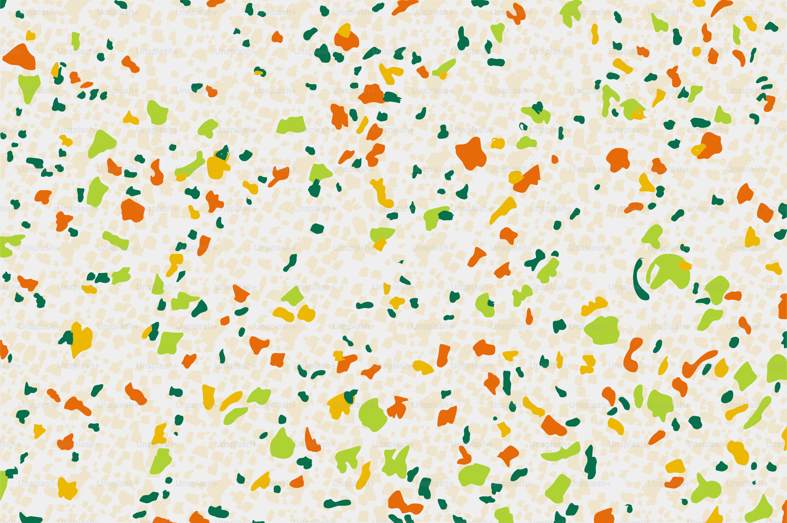 Patrón de terrazo colorido con motas verdes, naranjas y amarillas.
