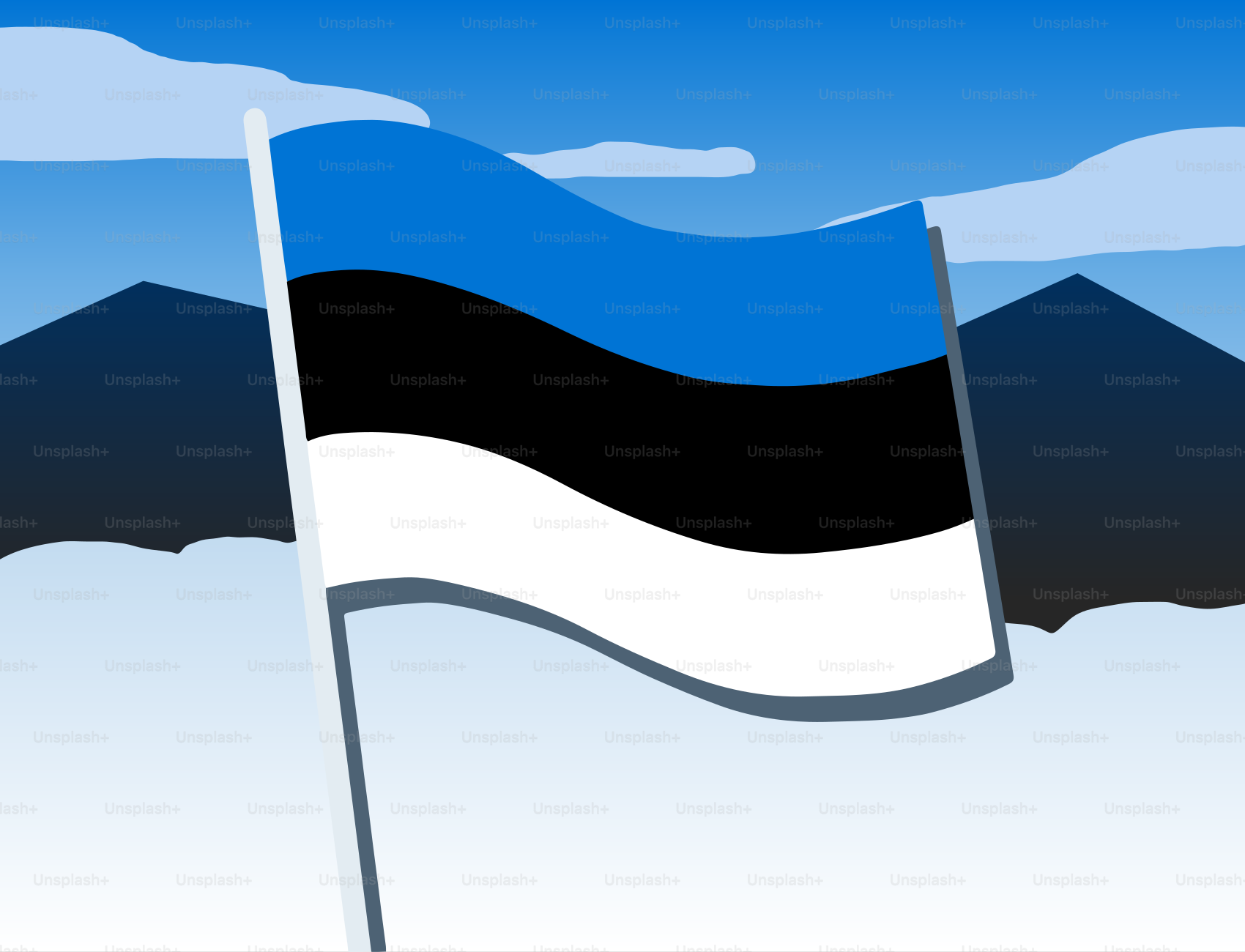 Bendera Estonia berkibar di langit biru pegunungan.