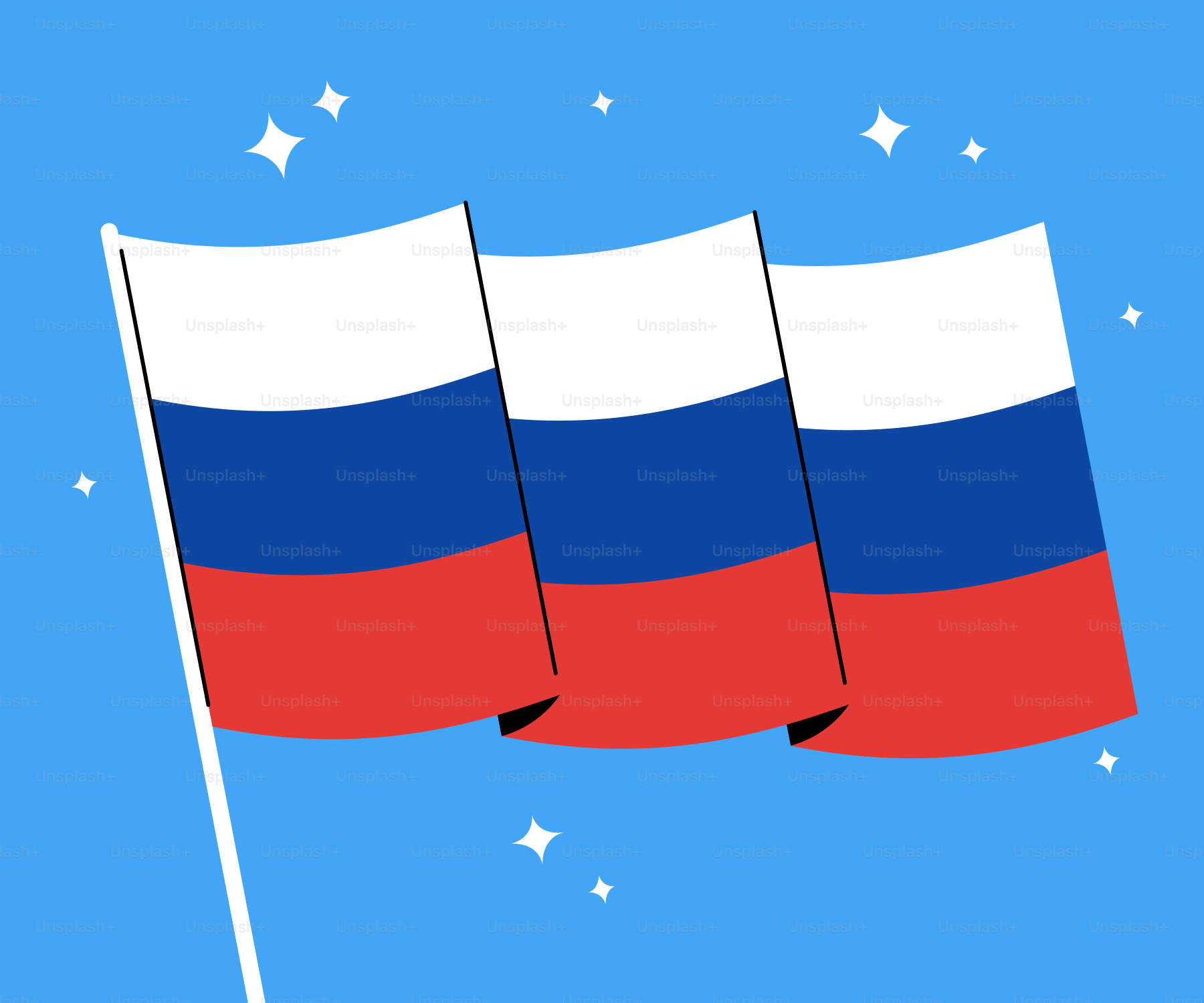 Três bandeiras russas tremulando em um fundo azul com brilhos.