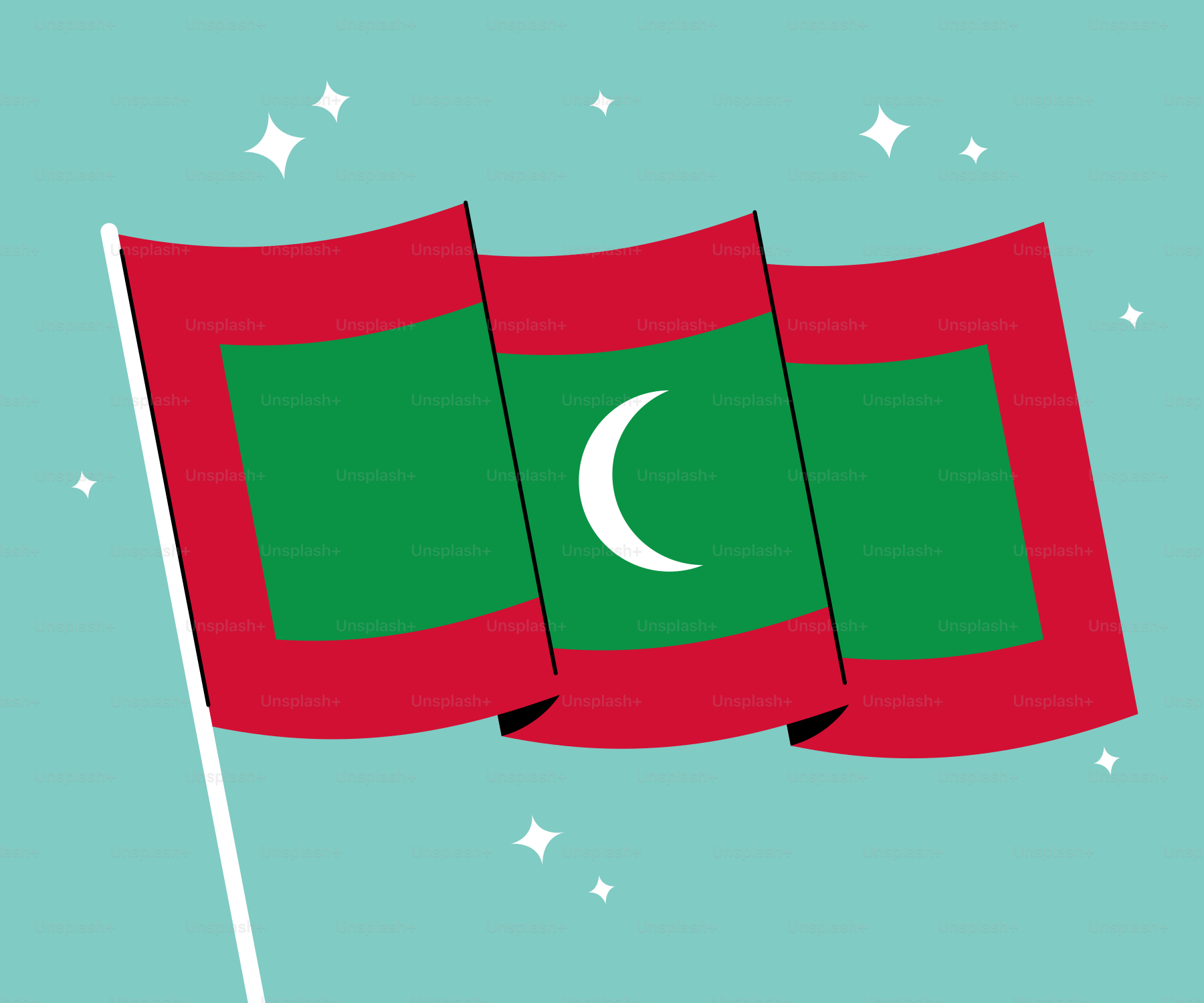 Le drapeau des Maldives flottant sur un fond bleu clair.