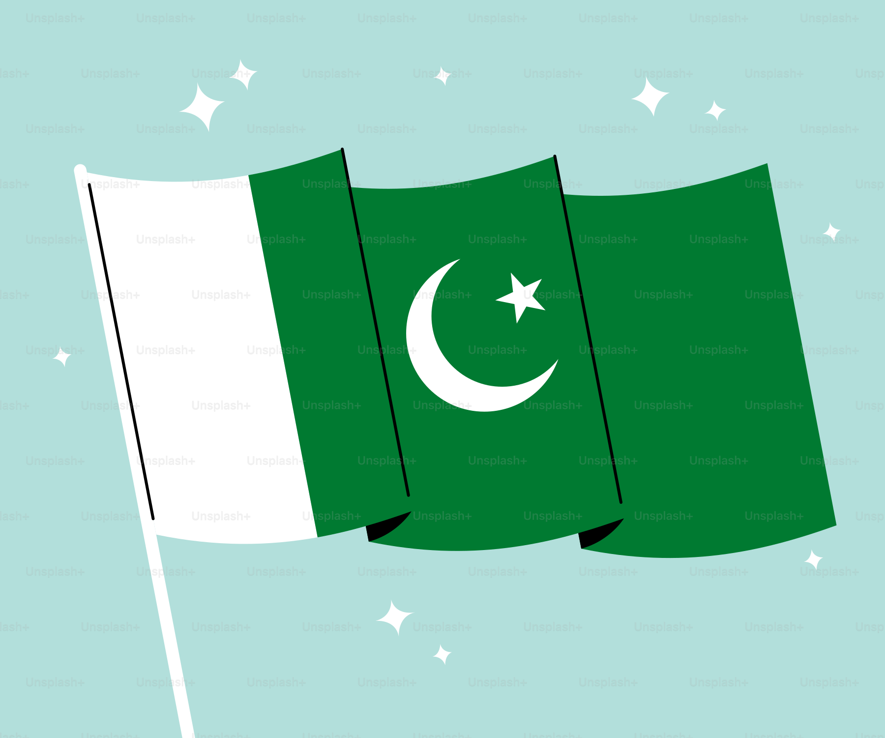 La bandiera del Pakistan sventola con una mezzaluna e una stella.