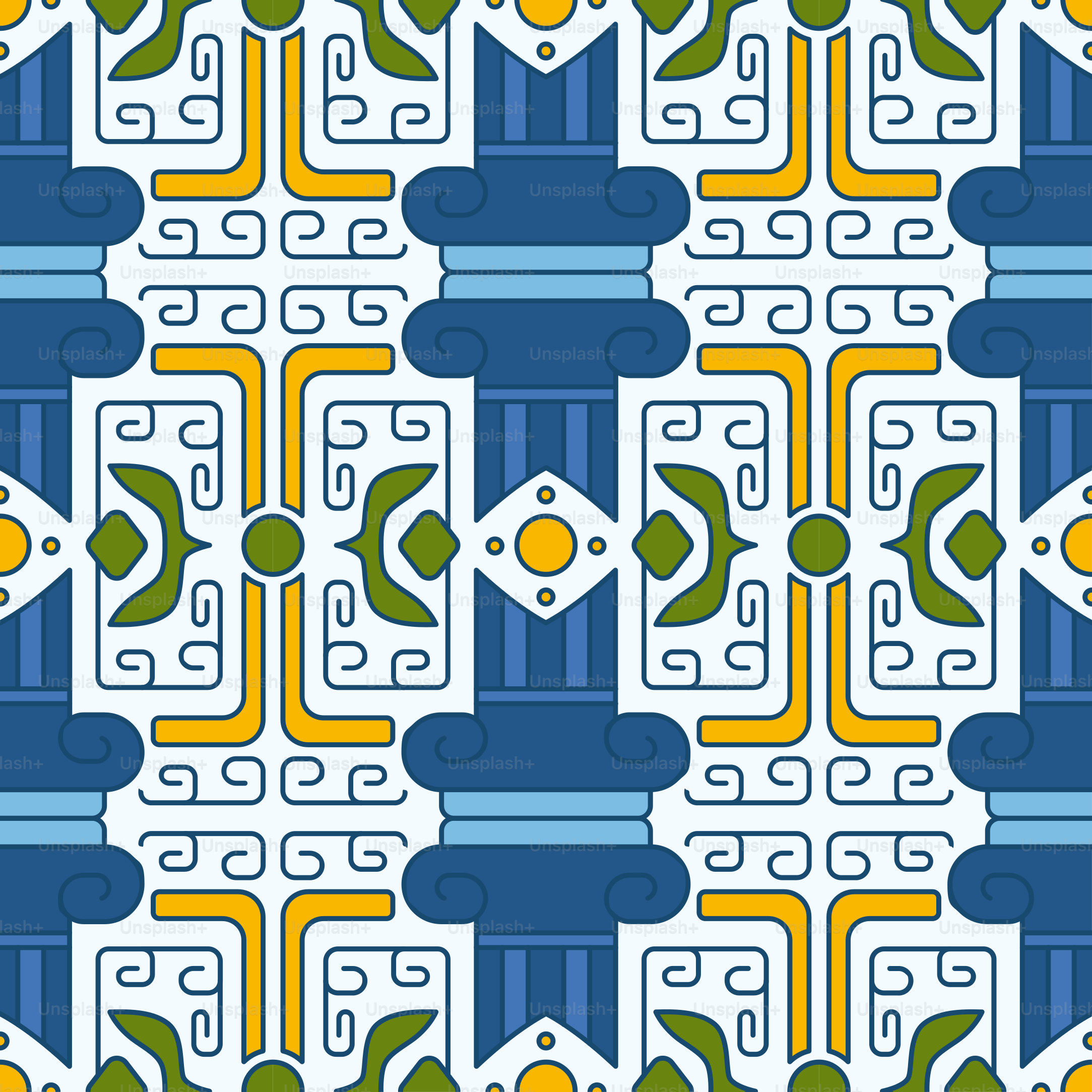 Seamless pattern with blue, yellow, green, and white geometric shapes.