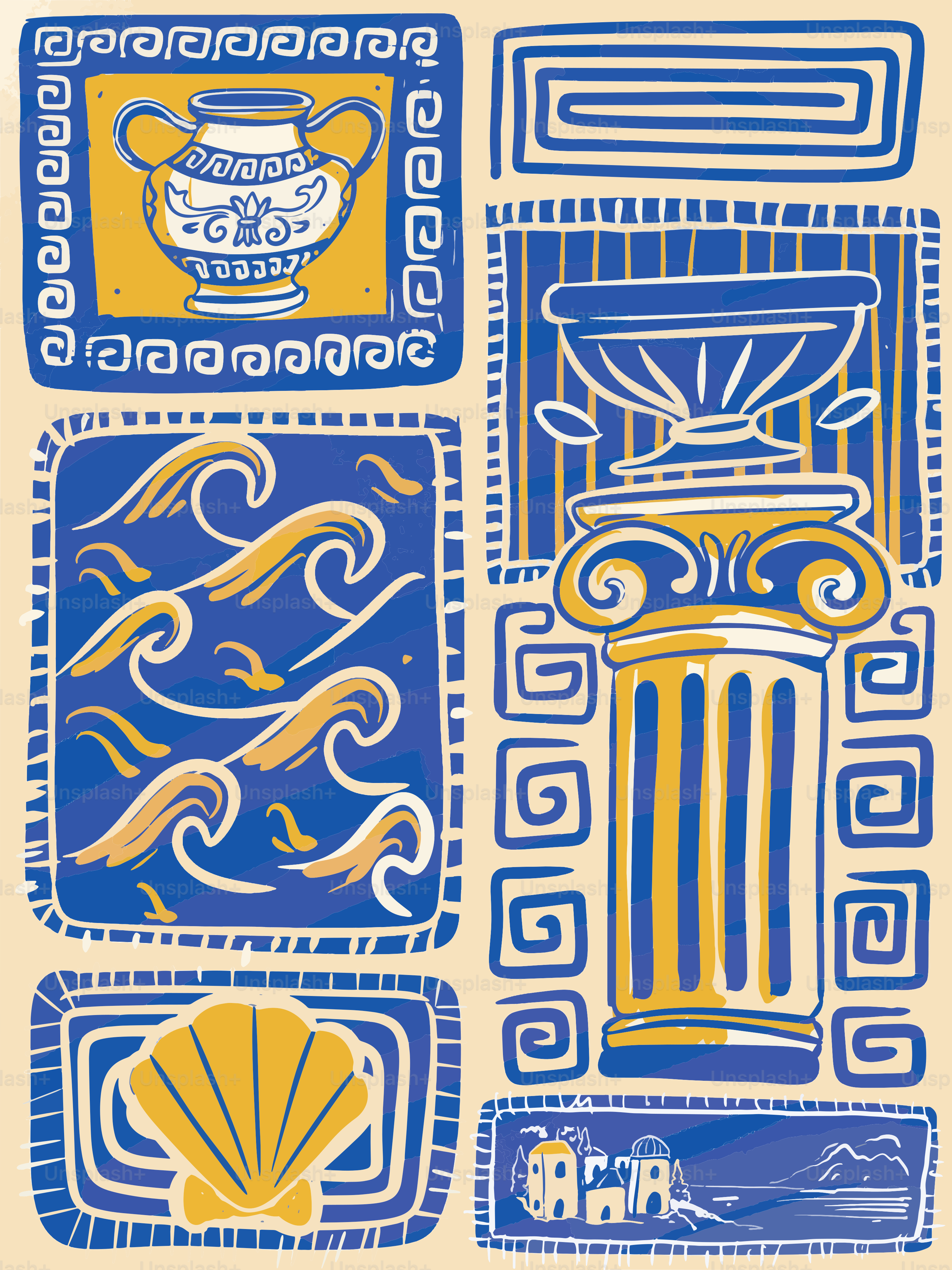Illustrations à thème grec avec poterie, colonnes, vagues et coquillages.