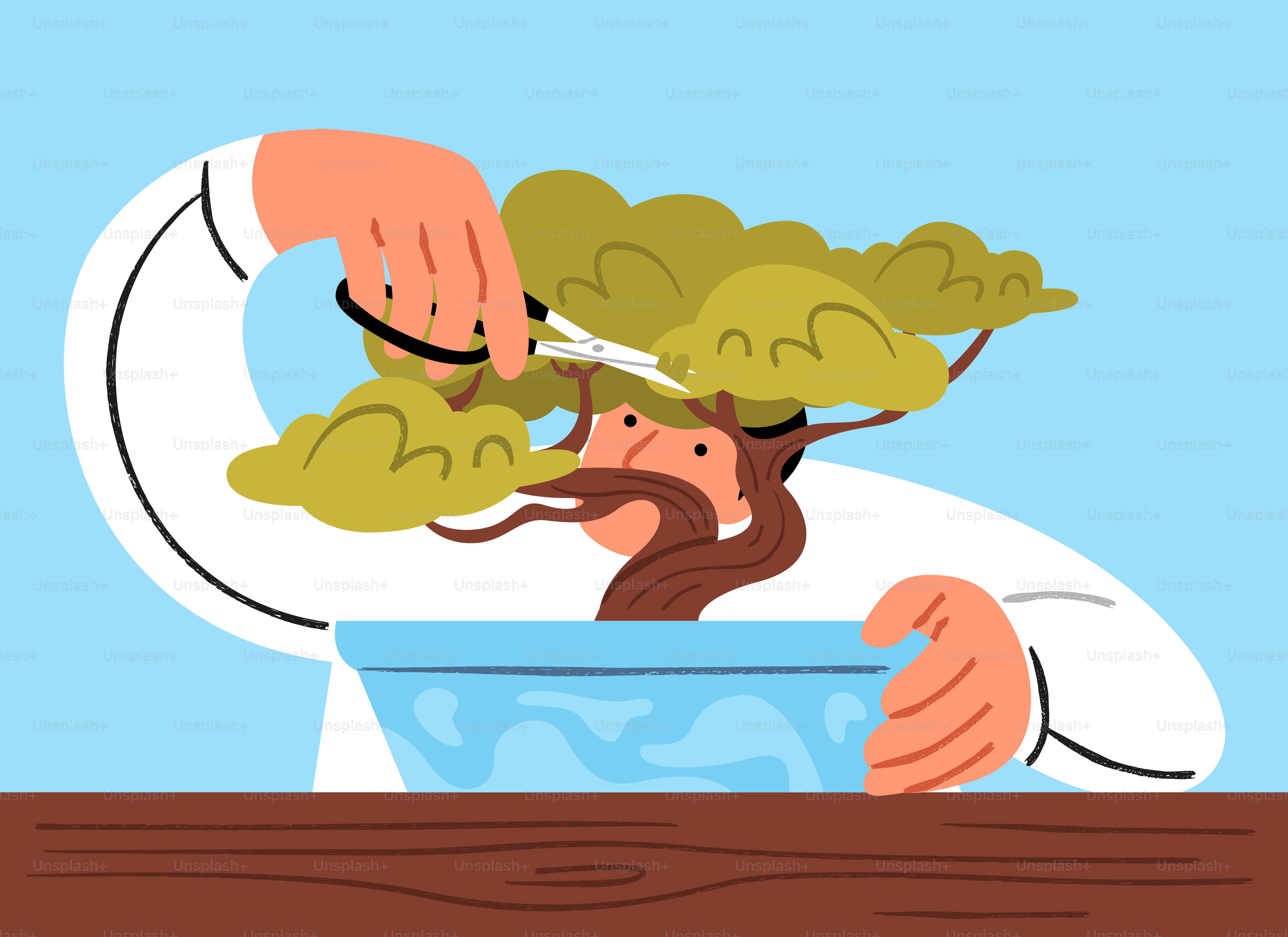Mãos podando uma árvore de bonsai em um vaso azul.