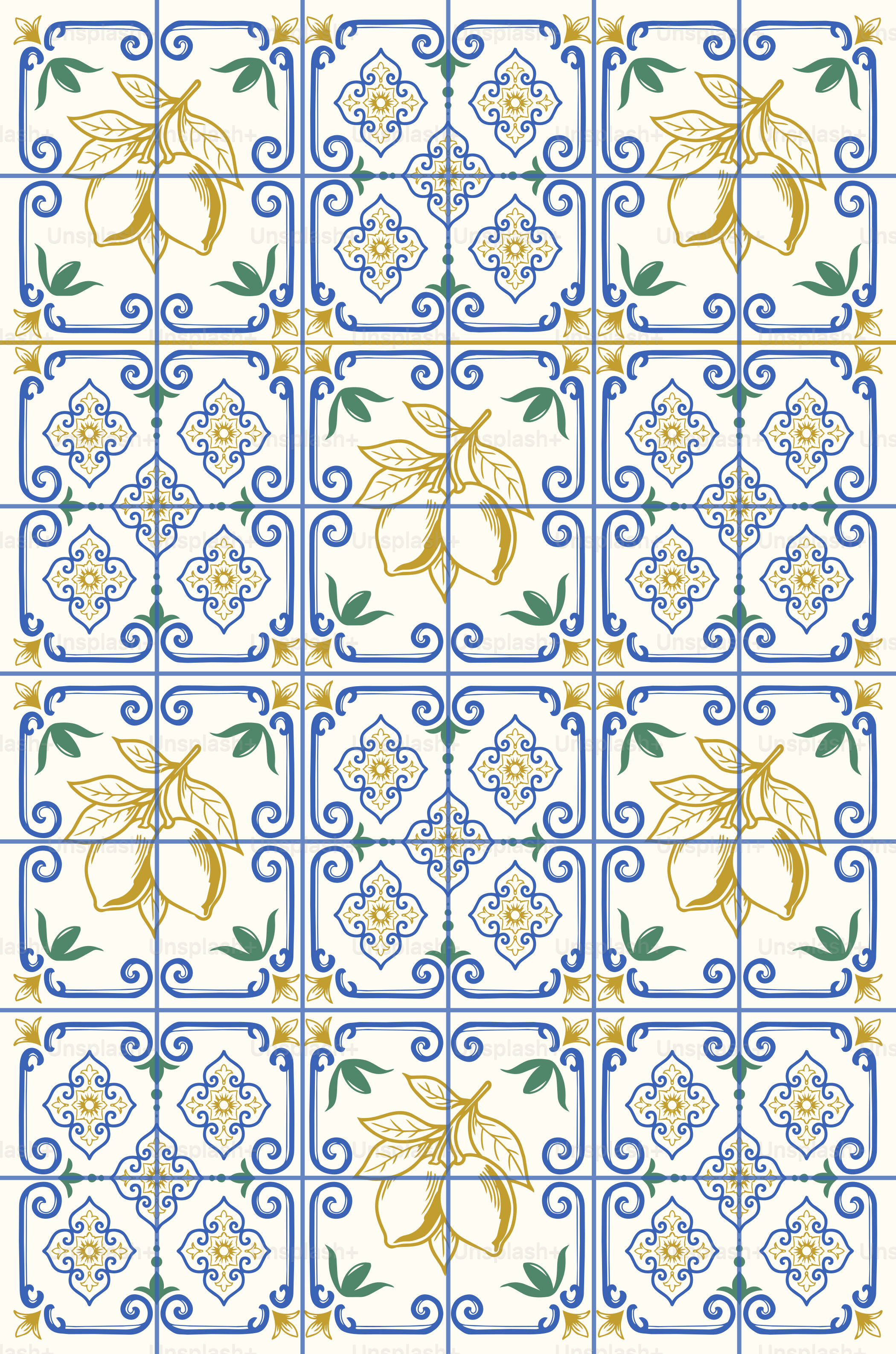 Decorative tiles with lemons and blue intricate patterns