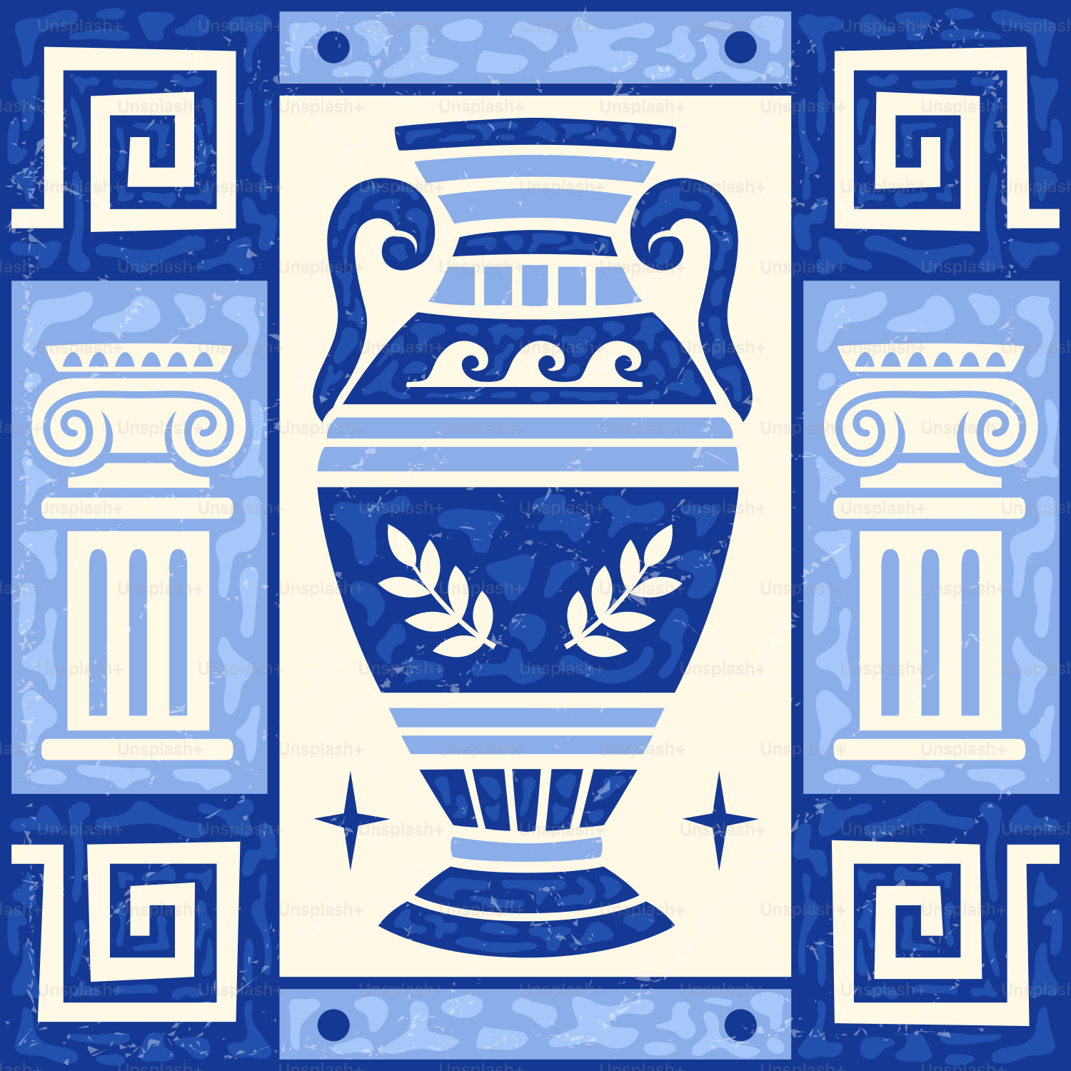 Jarrón griego azul y blanco con columnas y patrones de meandros.