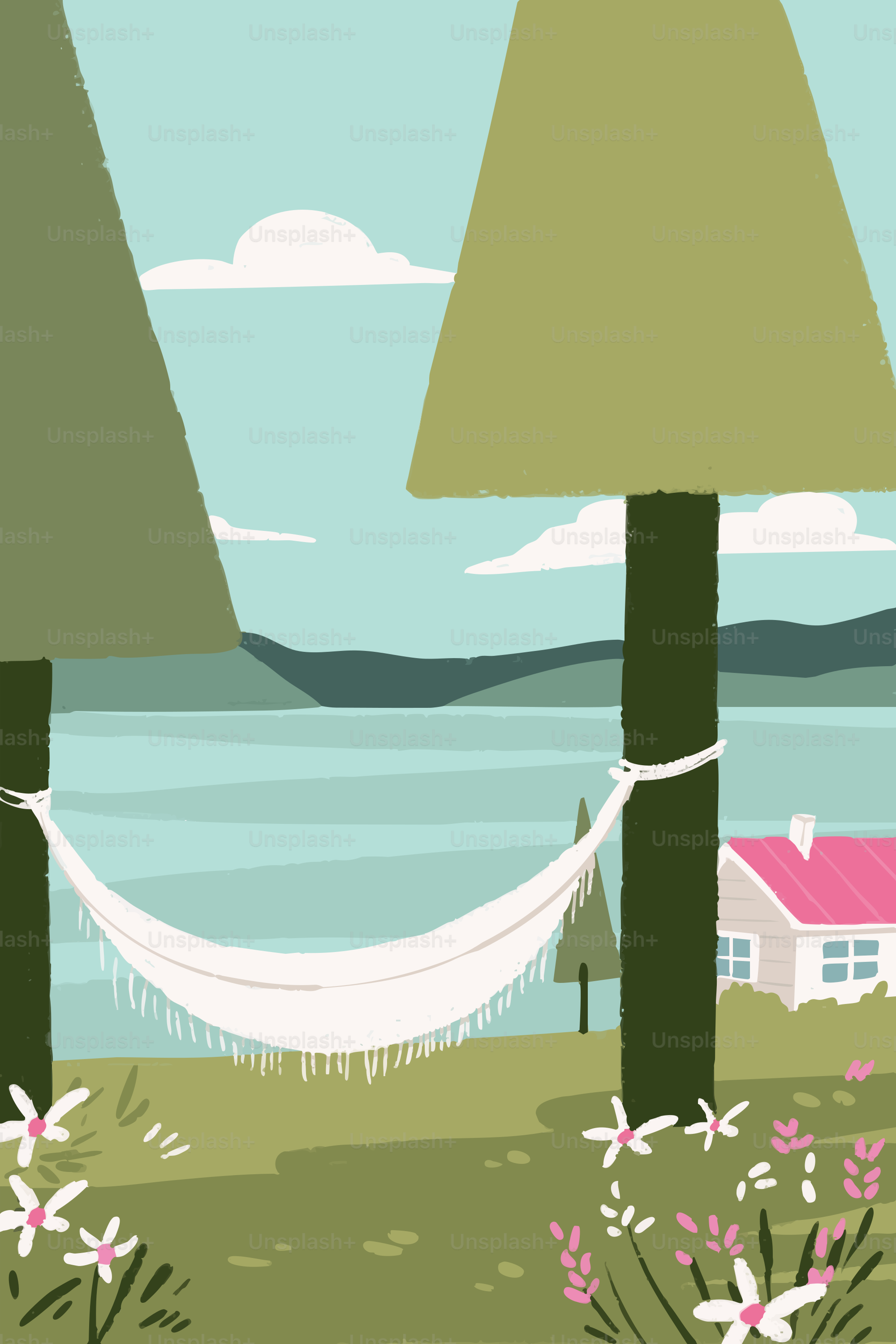 A white hammock between trees overlooking a lake and house.