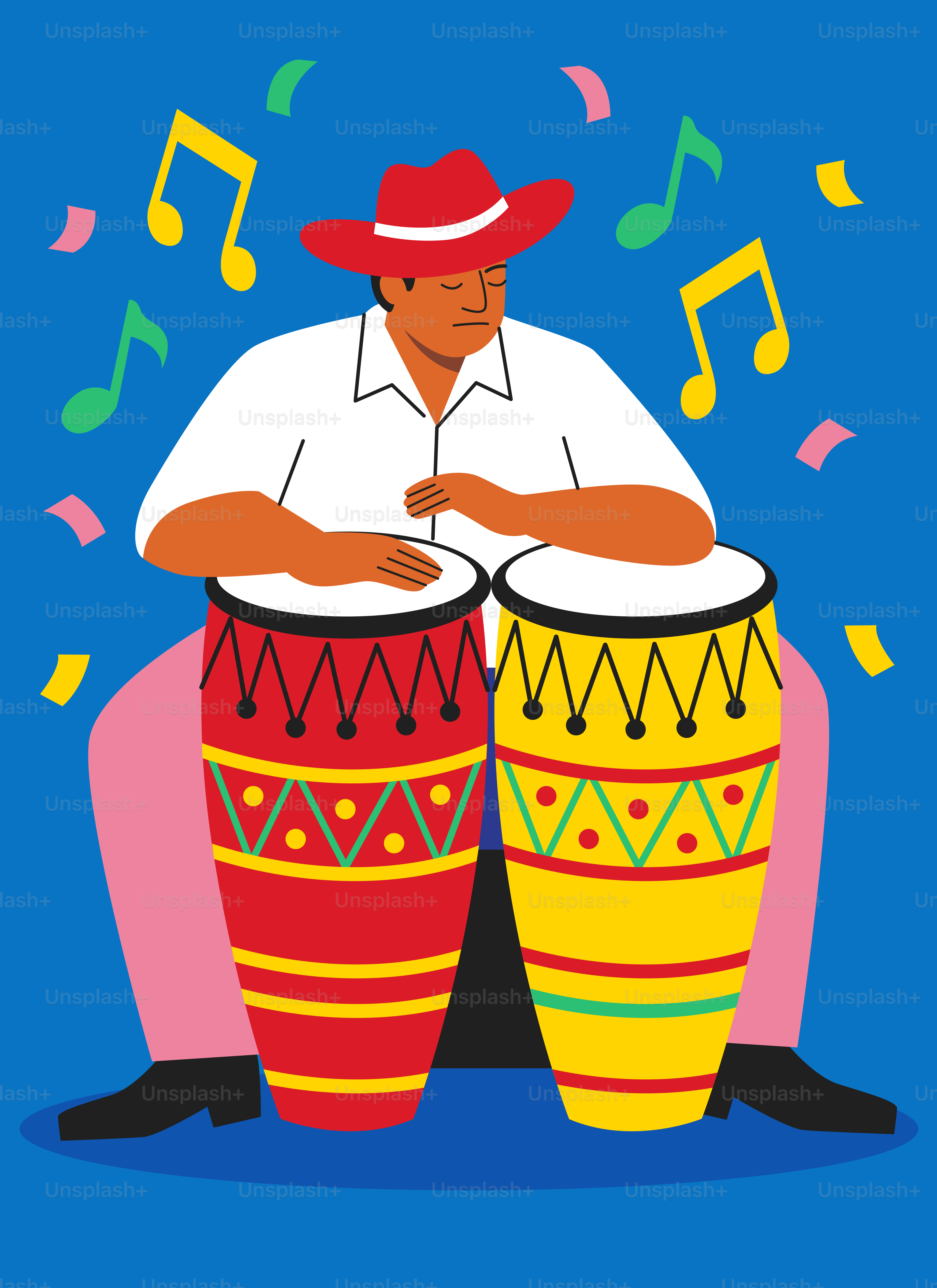 Músico tocando vibrantes congas con notas musicales y confeti