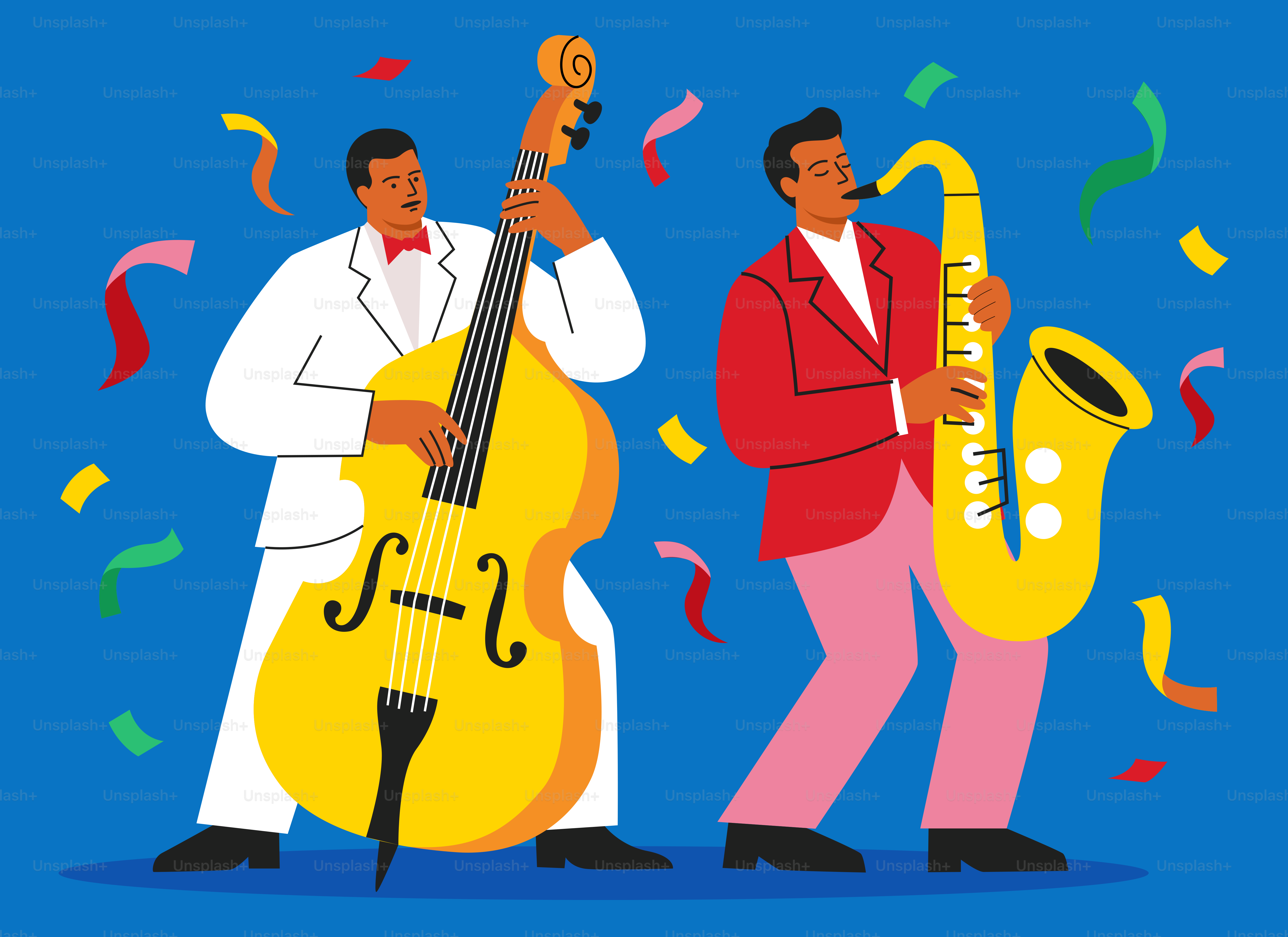 Dos hombres tocando instrumentos de jazz con confeti cayendo