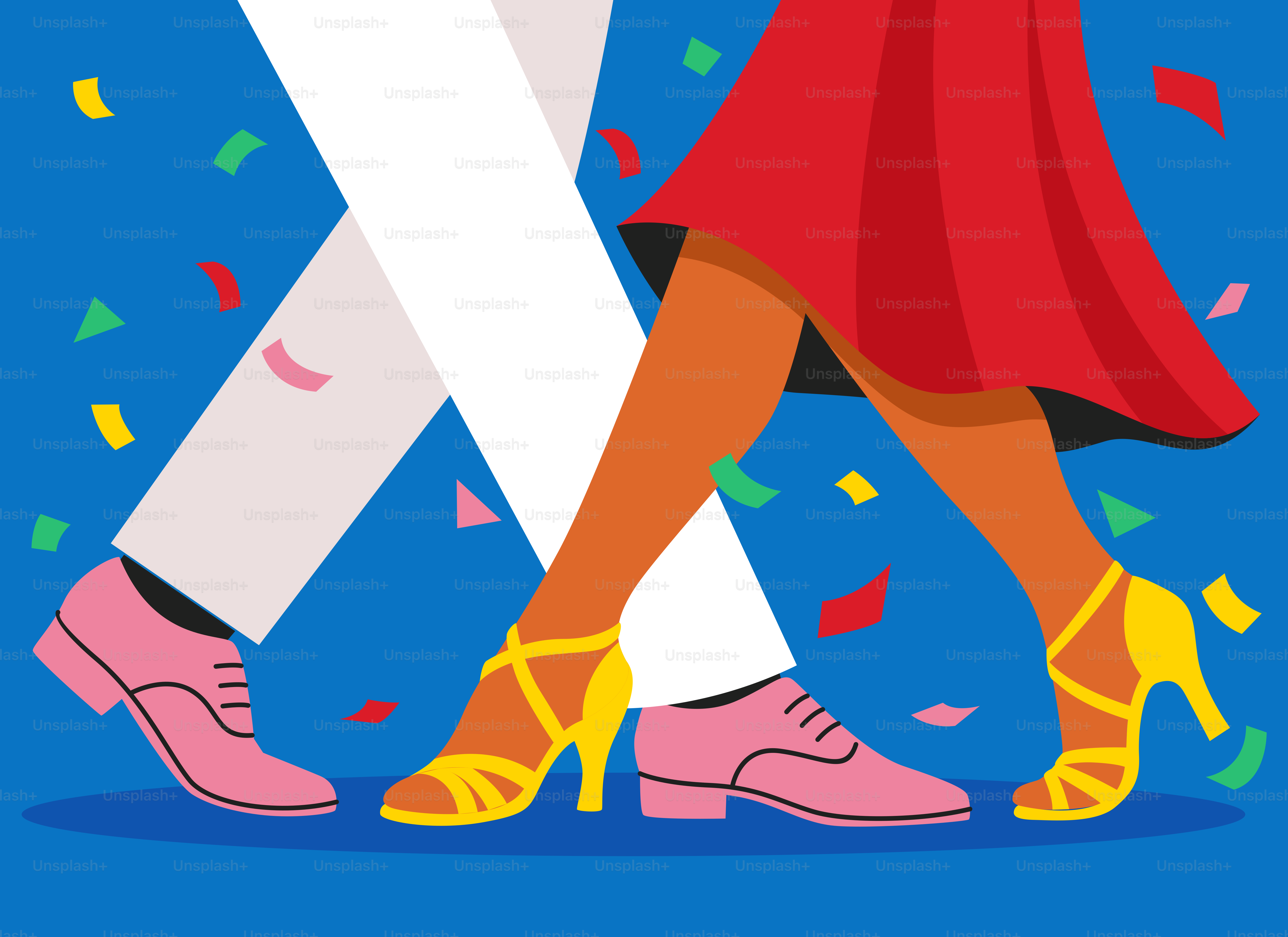 Dos personas bailando con zapatos de colores y confeti cayendo