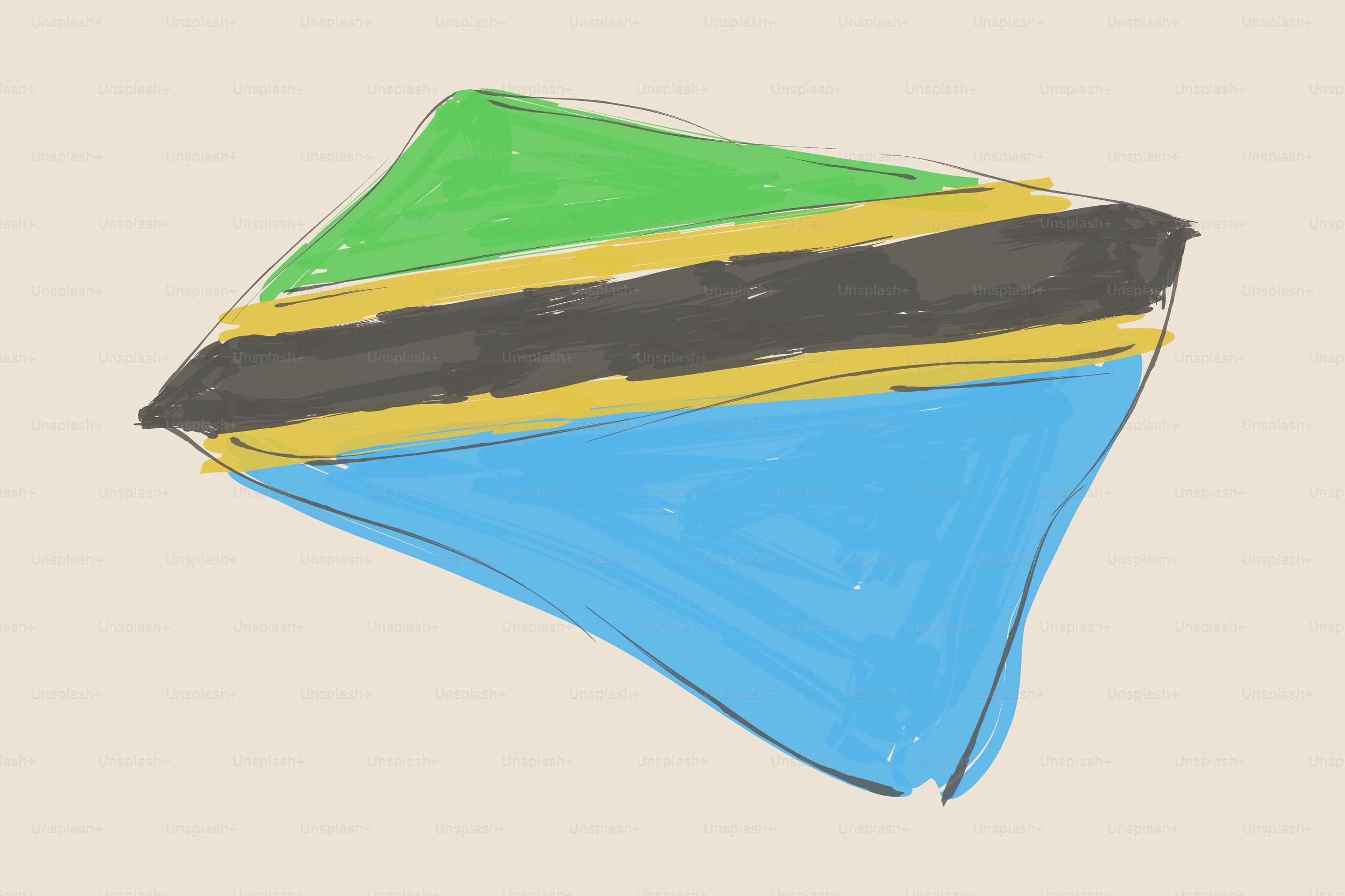 Handgezeichnete tansanische Flagge mit grünen, schwarzen, gelben und blauen Streifen.