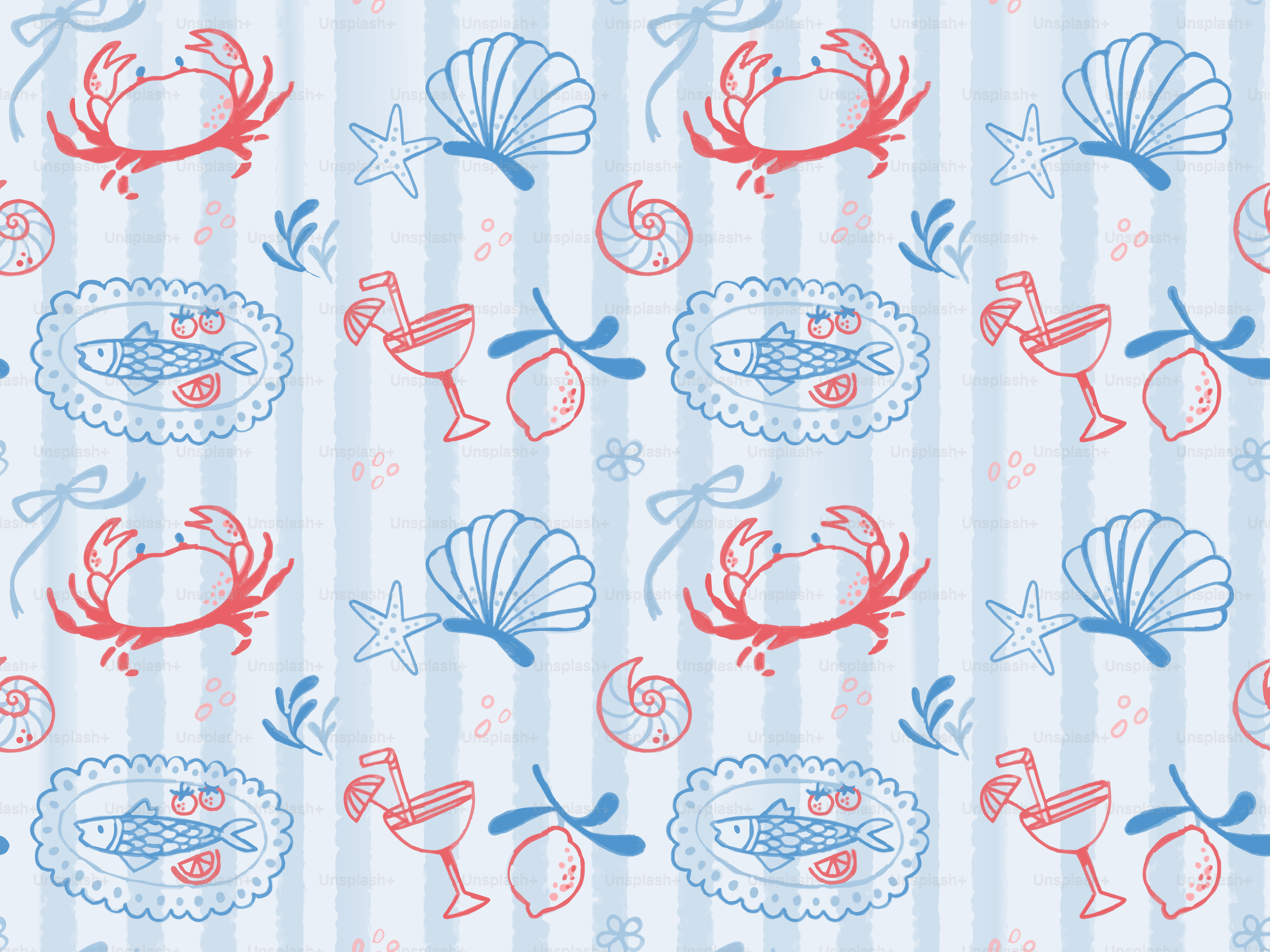 Motif nautique avec crabes, coquillages, poissons et boissons sur des rayures.