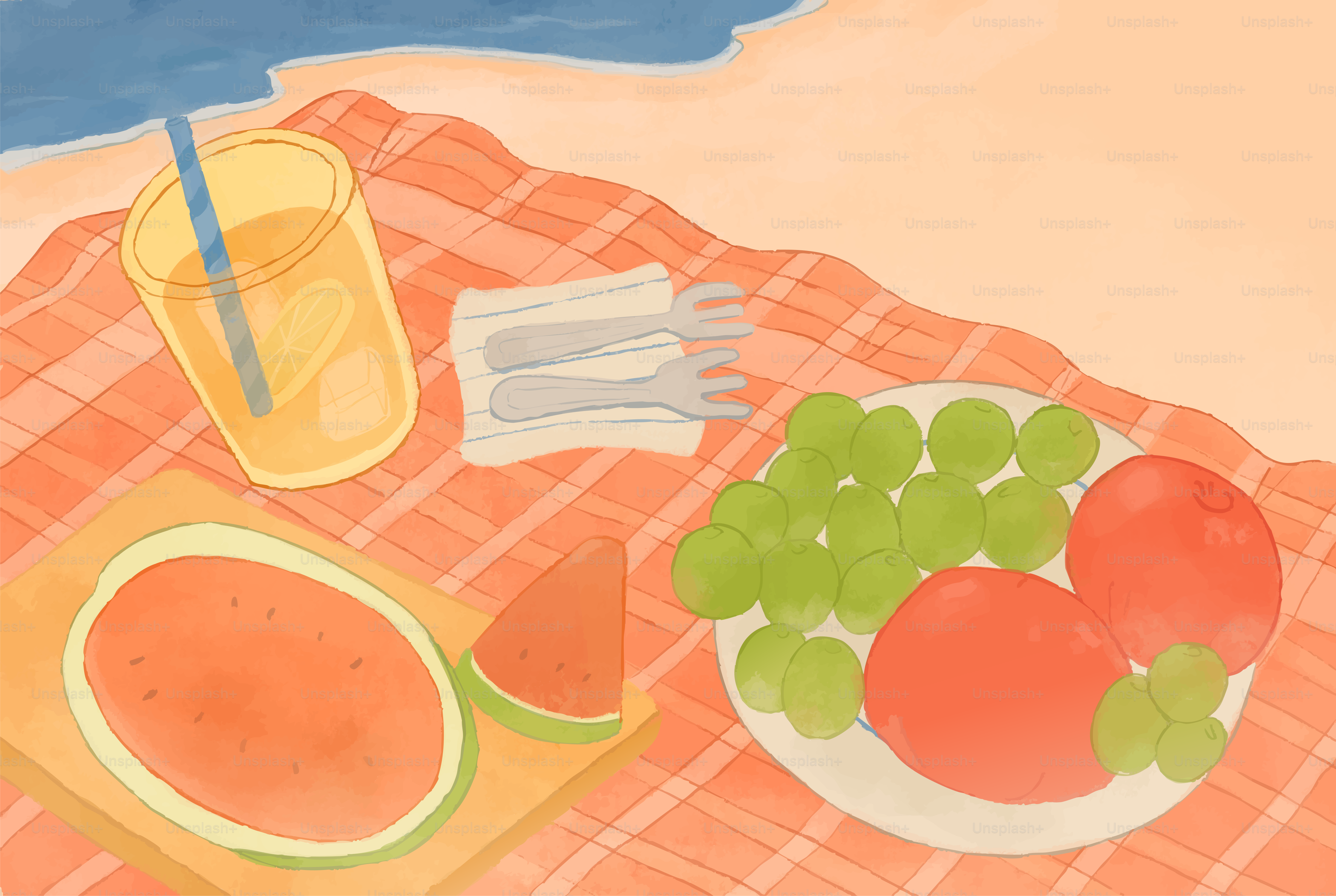 A beach picnic with watermelon, grapes, tomatoes, and orange juice