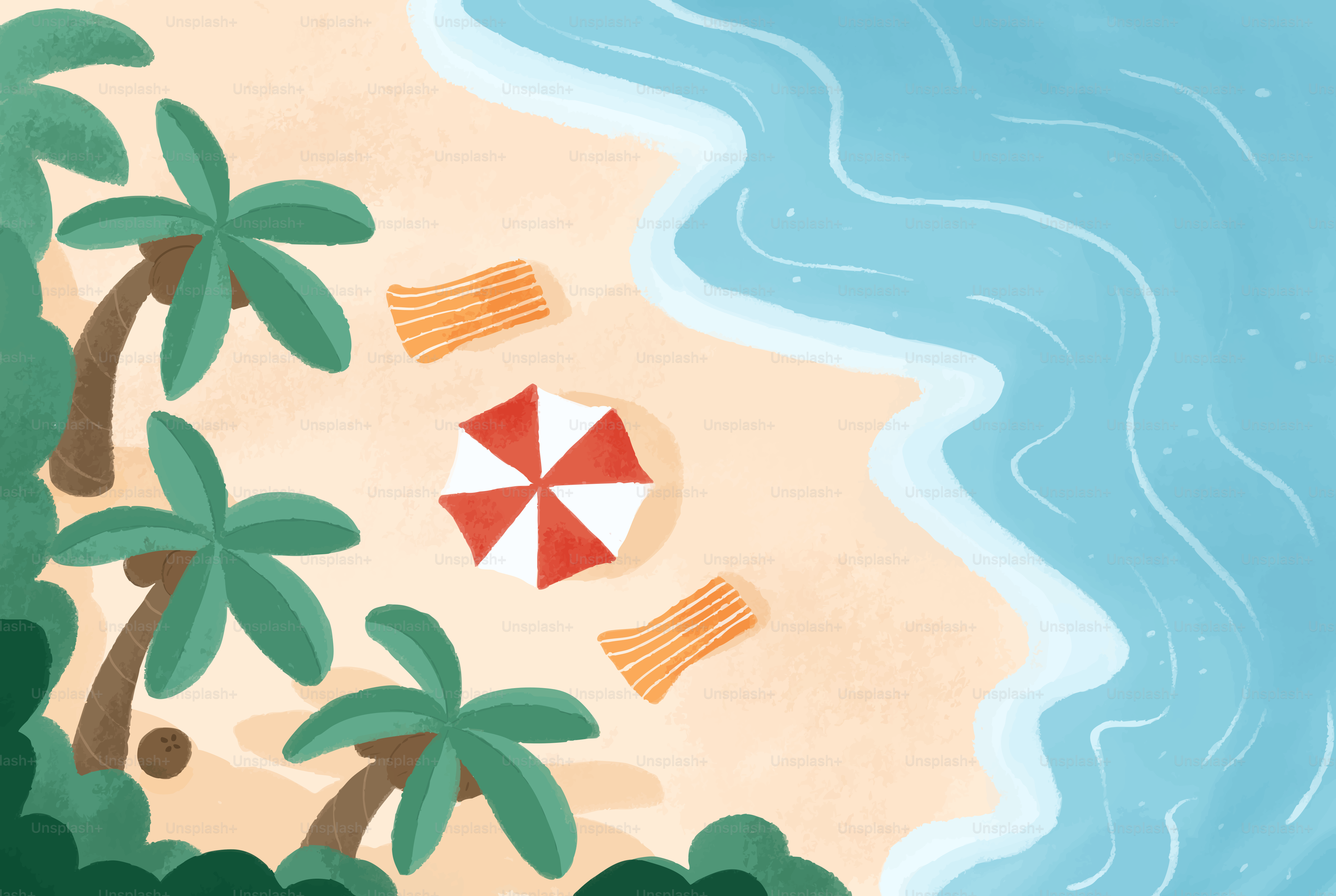 Tropical beach with palm trees, umbrella, towels, and ocean waves