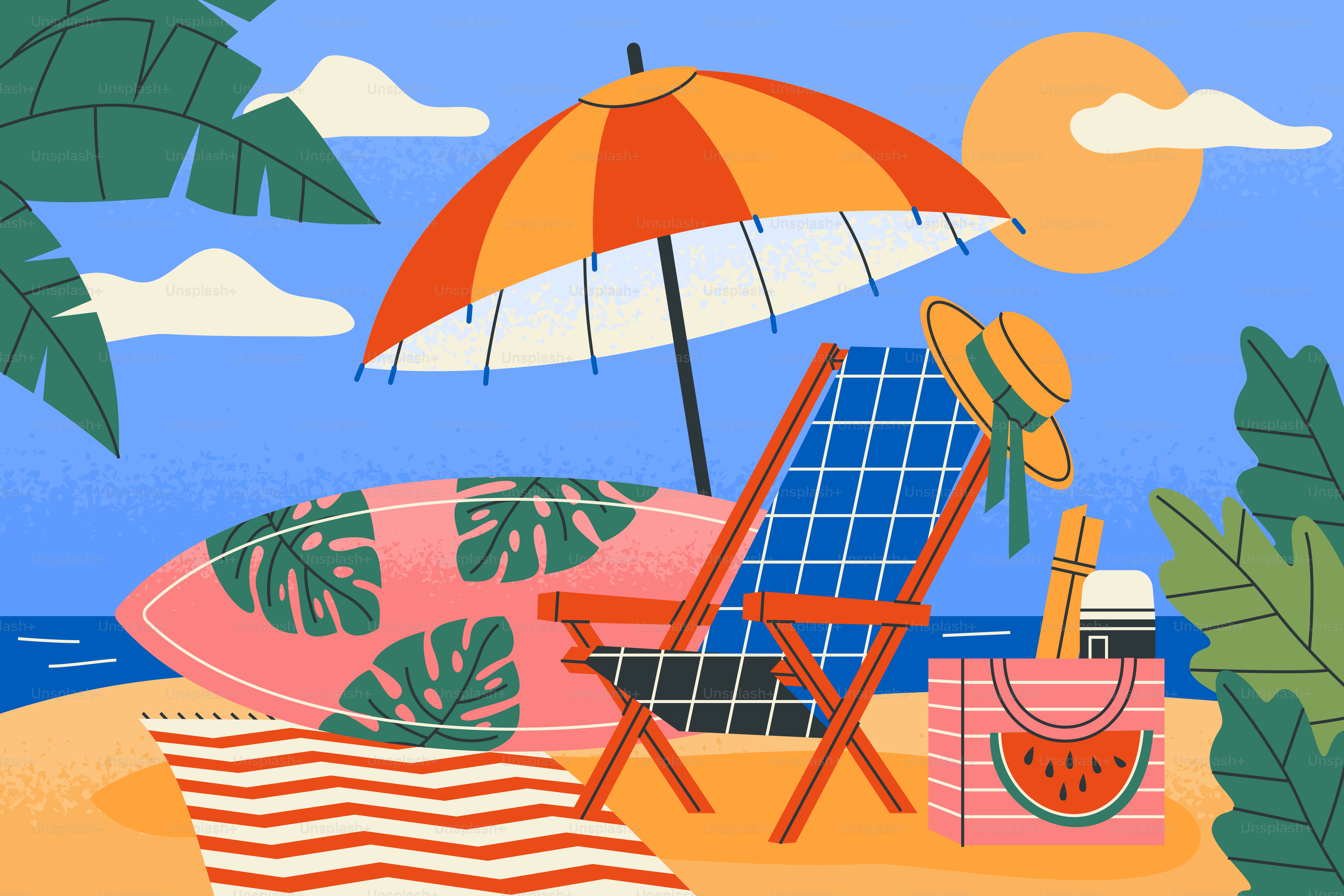 Una scena vivace sulla spiaggia con tavola da surf, sedia e ombrellone.