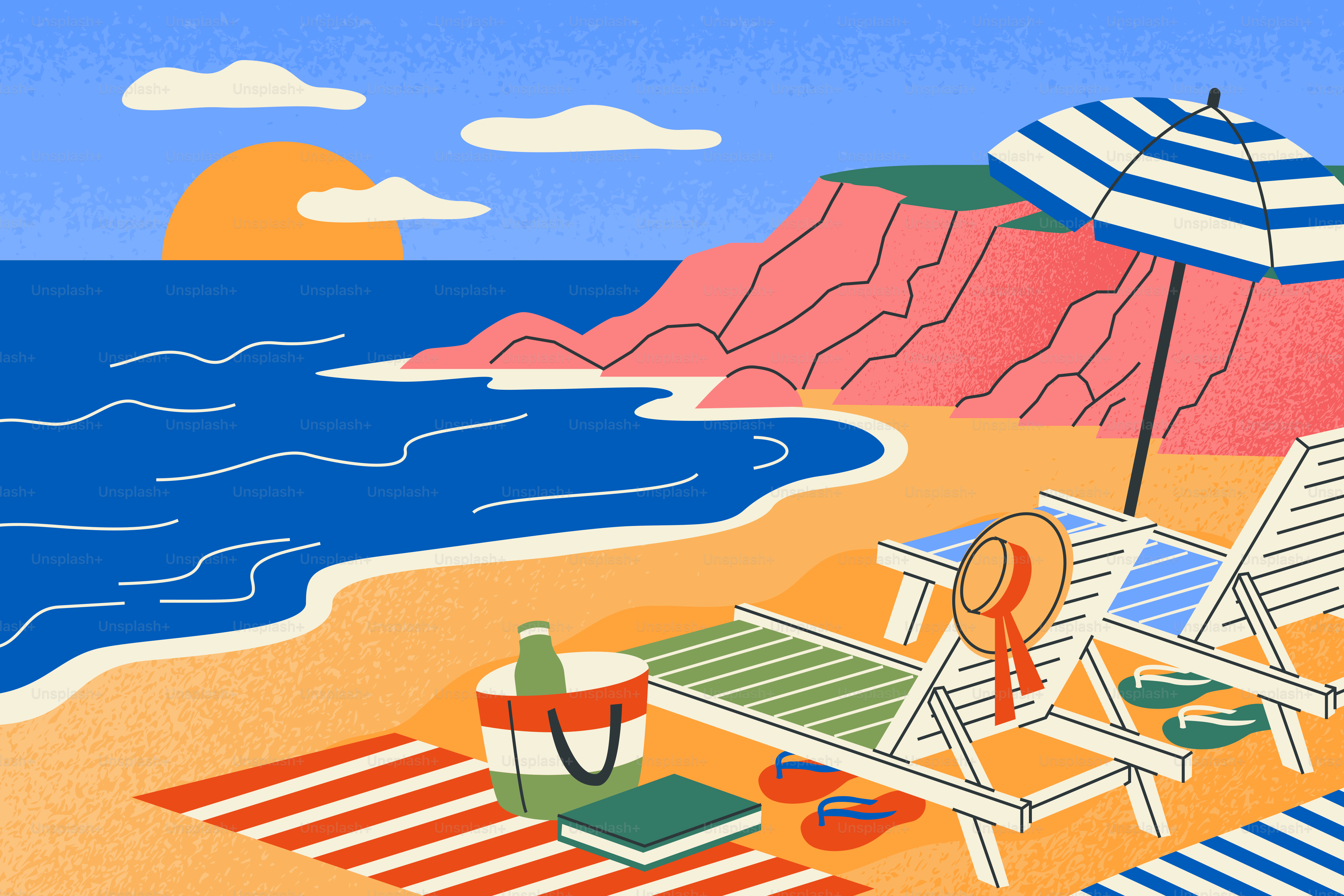 Spiaggia colorata con sedie, ombrello e tramonto sull'oceano.