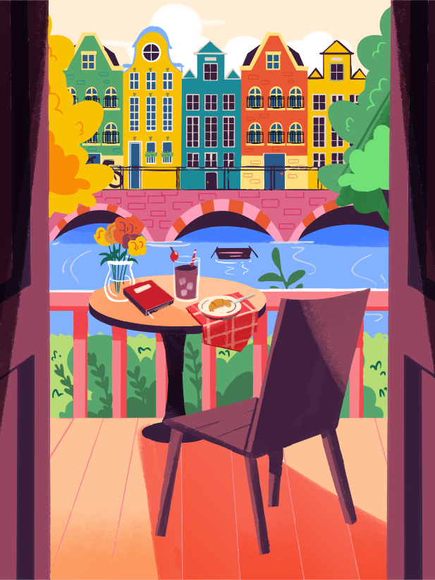 Cozy balcony overlooking a canal with charming, colorful european houses.