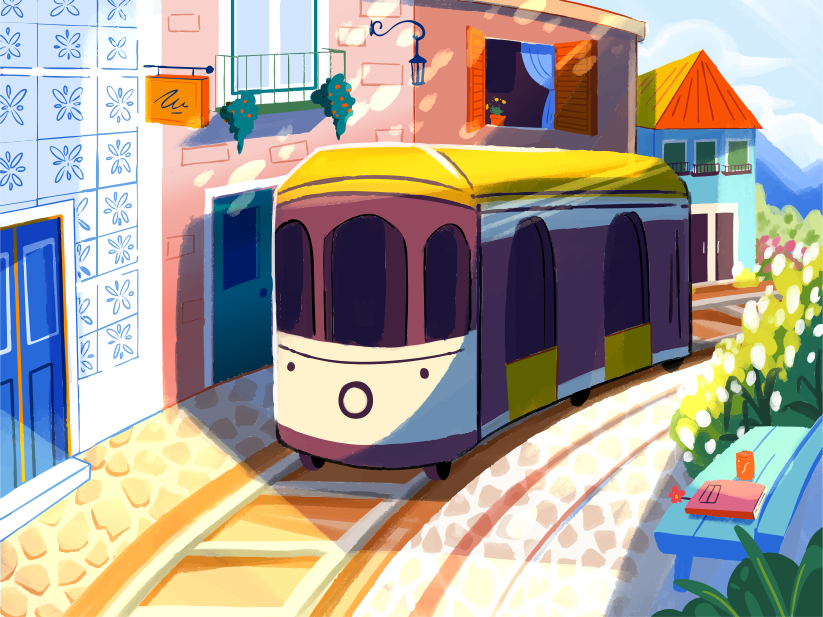 Eine Cartoon-Straßenbahn fährt durch eine sonnige, farbenfrohe europäische Straße.