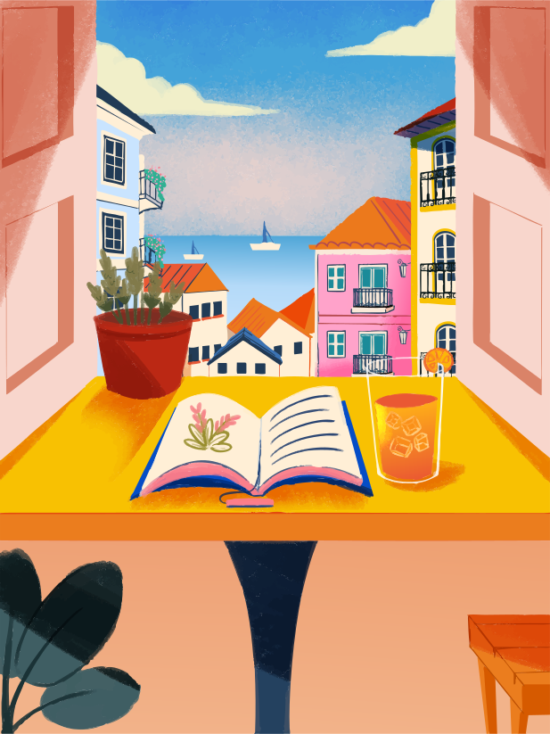 Book and drink on windowsill, colorful town and sea view.