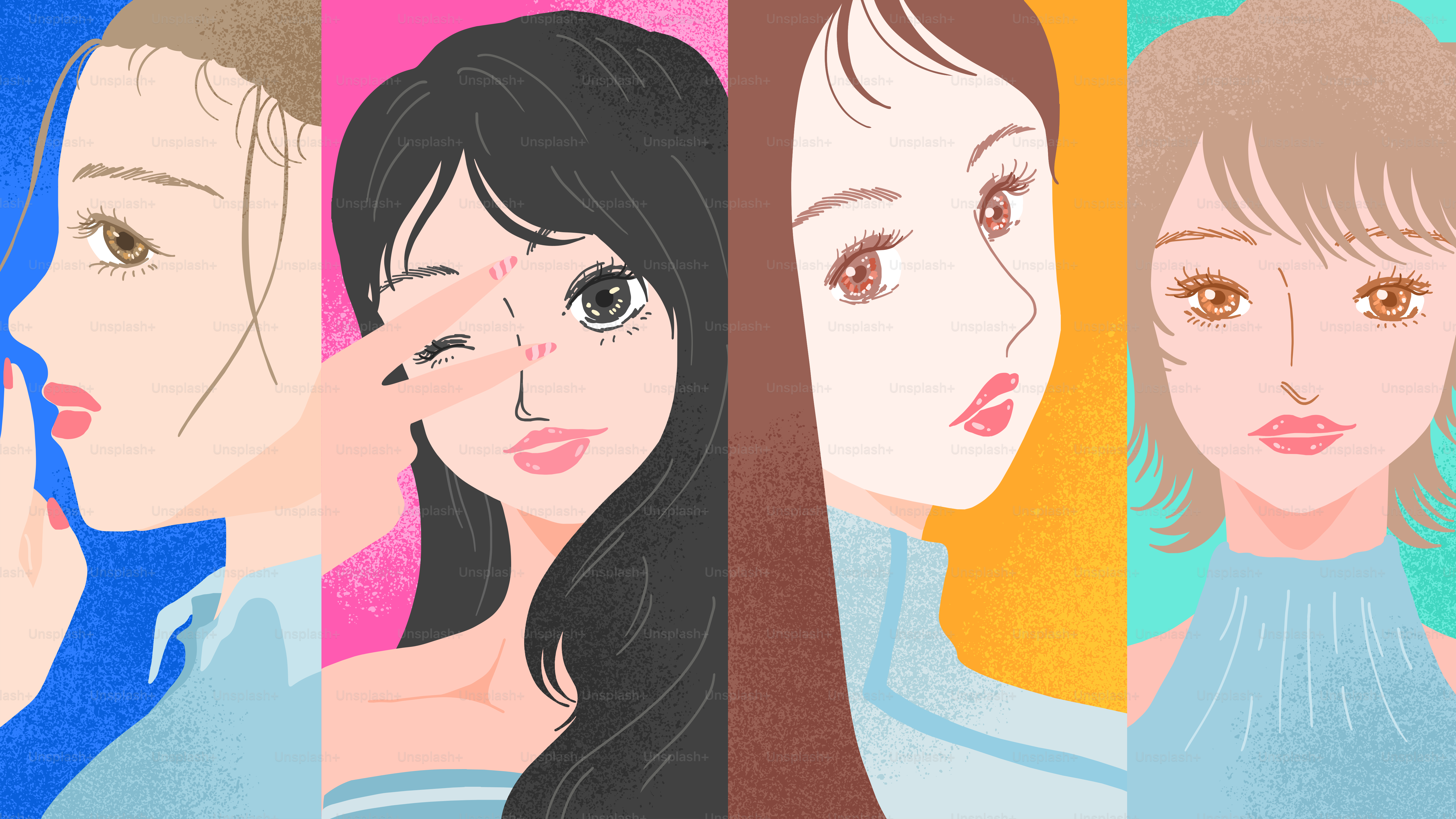 カラフルな背景を持つ女性たちの4つの様式化されたイラスト。