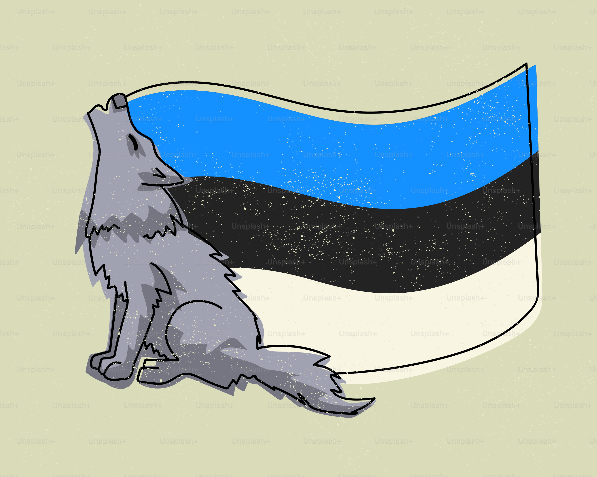 A grey wolf howling in front of the estonian flag.