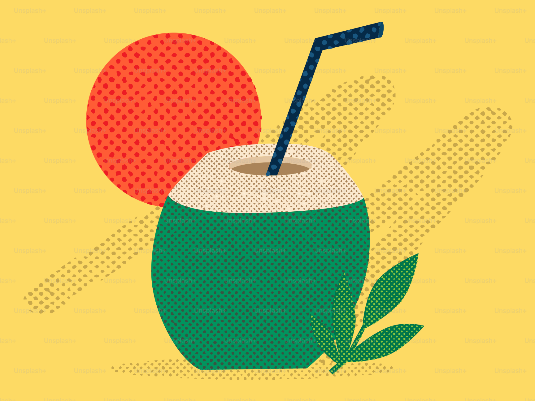 Minuman kelapa yang menyegarkan dengan sedotan, matahari, dan daun.