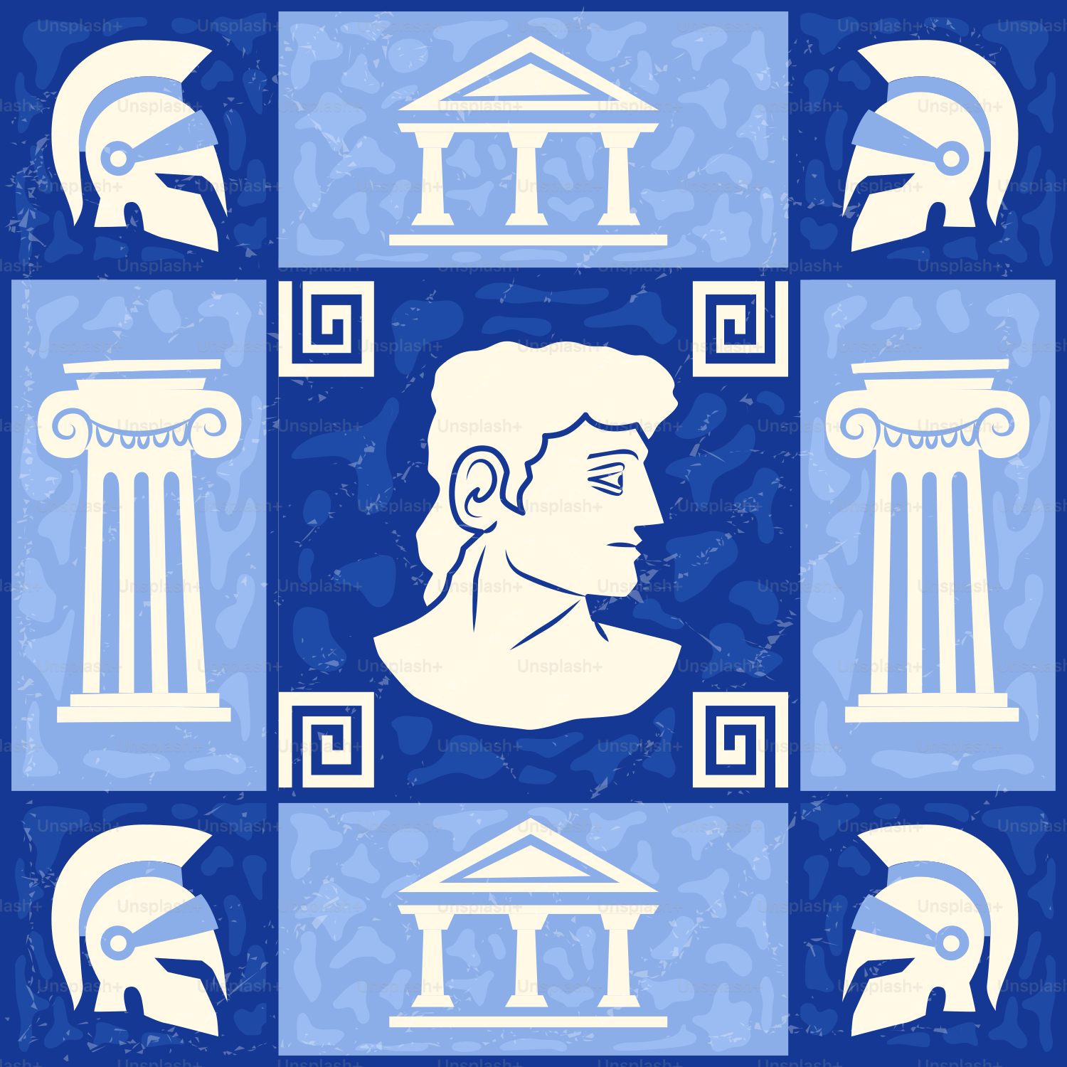 Motivos griegos antiguos con bustos, columnas y cascos en azul.