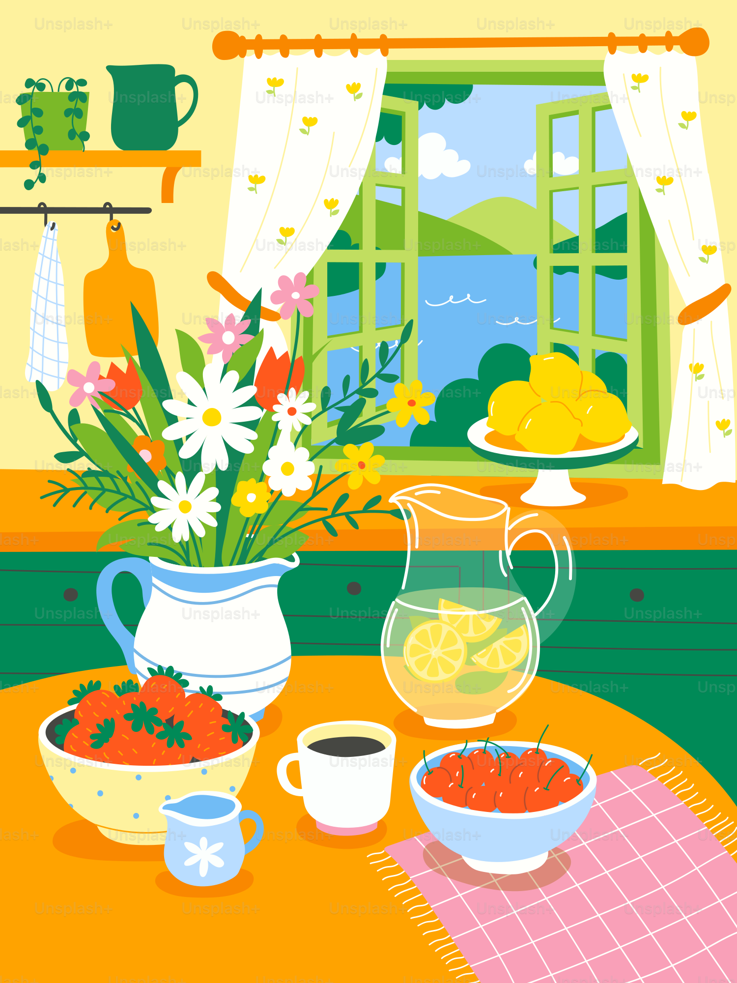 Colorful kitchen table with breakfast, flowers, and a window view.