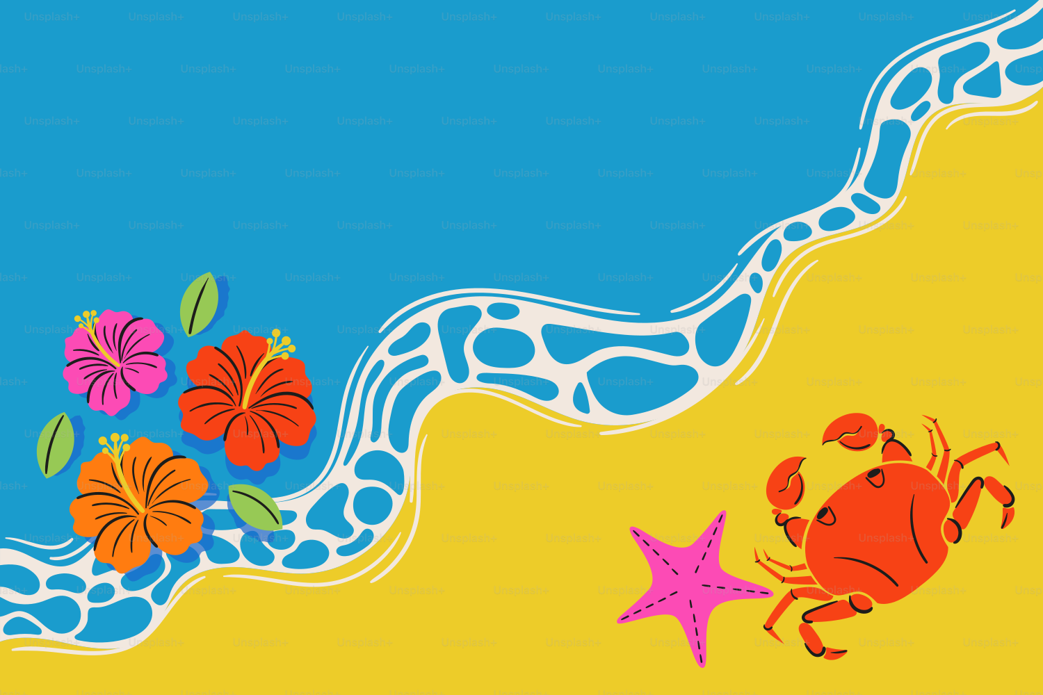 Océano azul, arena amarilla, olas blancas, hibisco, cangrejo y estrella de mar.