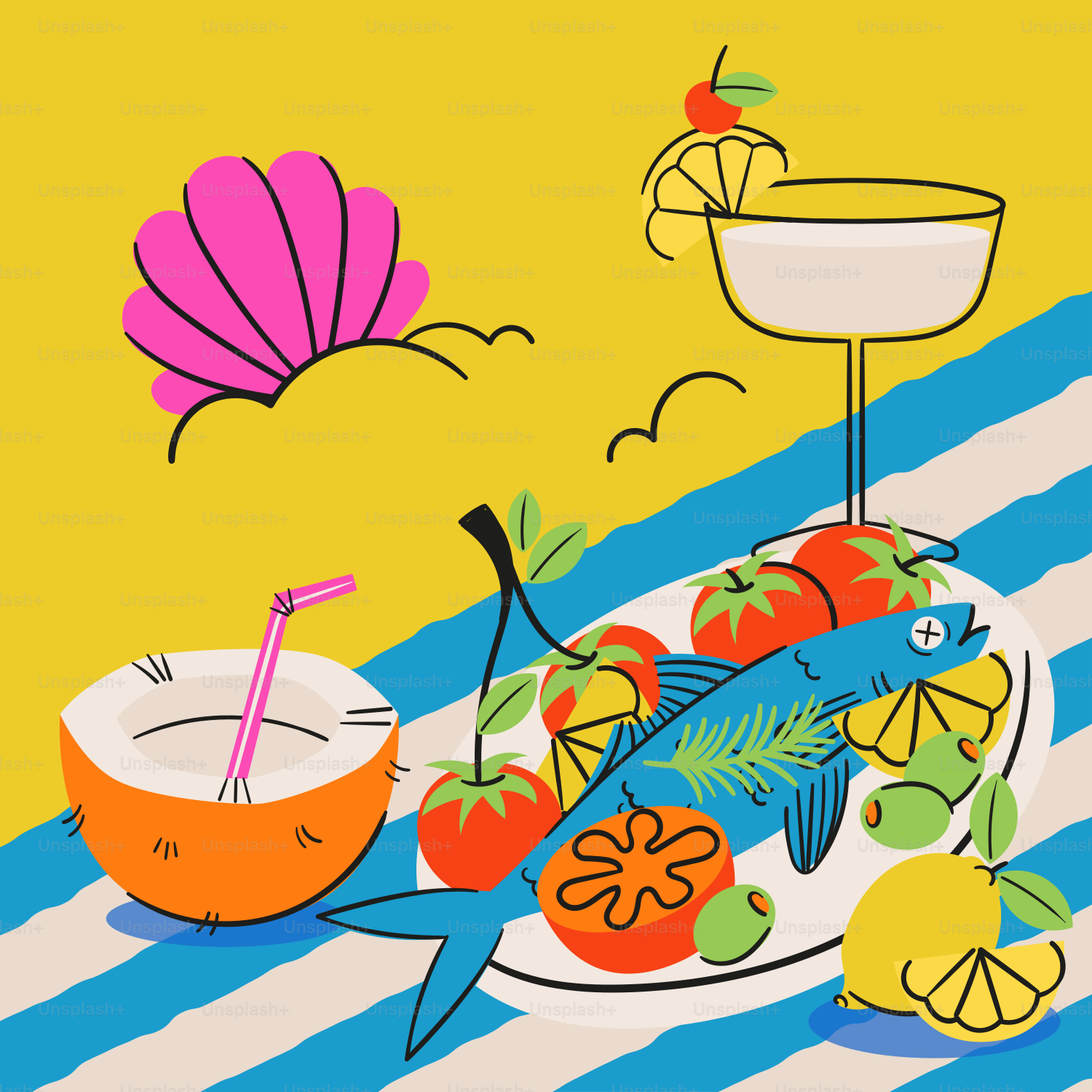 Picnic de verano colorido con pescado, bebida de coco y cóctel.