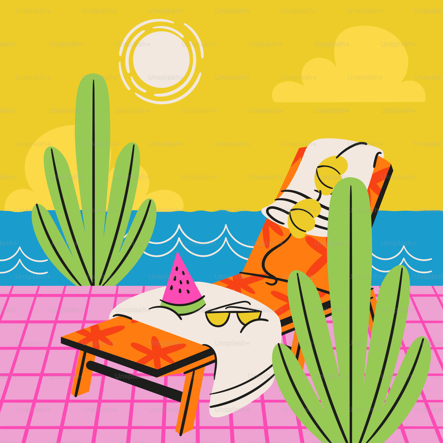 Ilustración de playa de verano con una tumbona, sandía y océano.