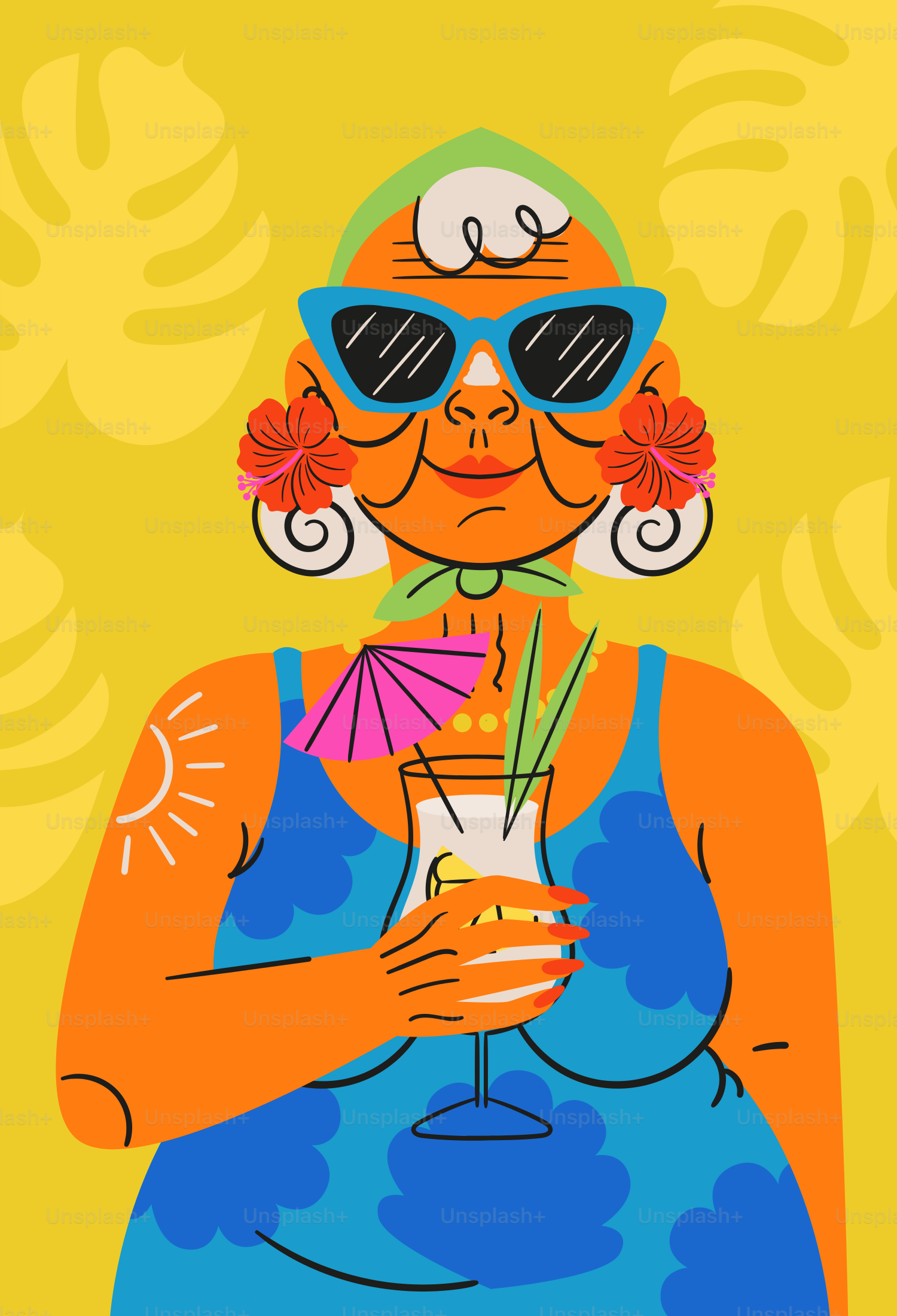 Mujer mayor en bañador y gafas de sol sosteniendo un cóctel tropical.
