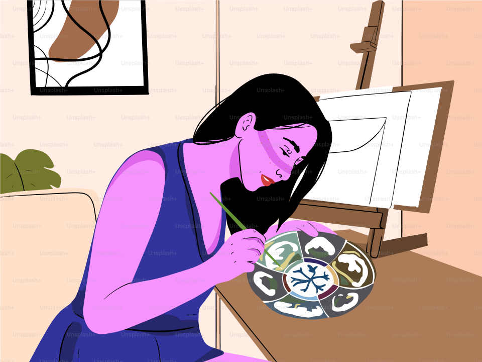 陶器の皿に華やかなデザインを描く女性。