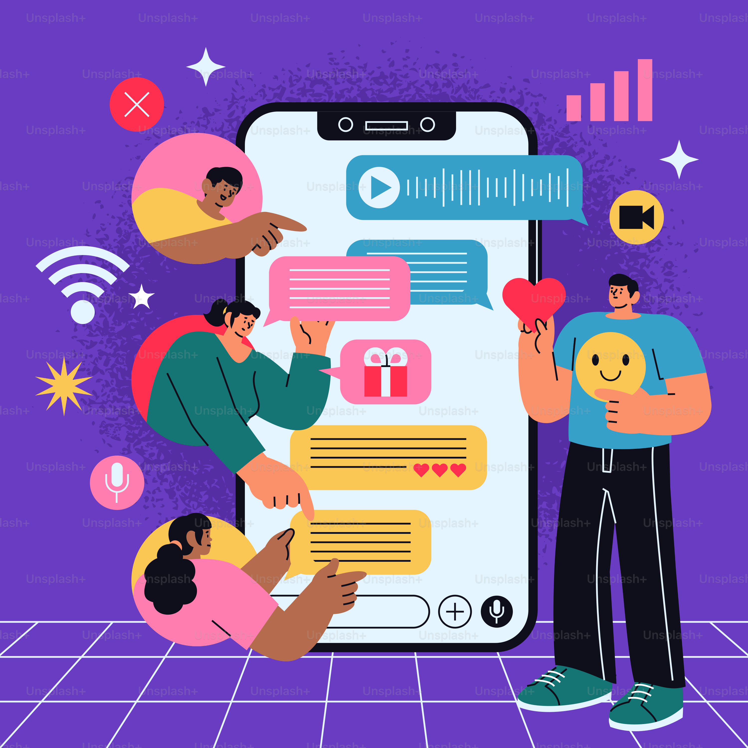 Persone diverse che interagiscono tramite messaggi di chat sullo schermo di uno smartphone.