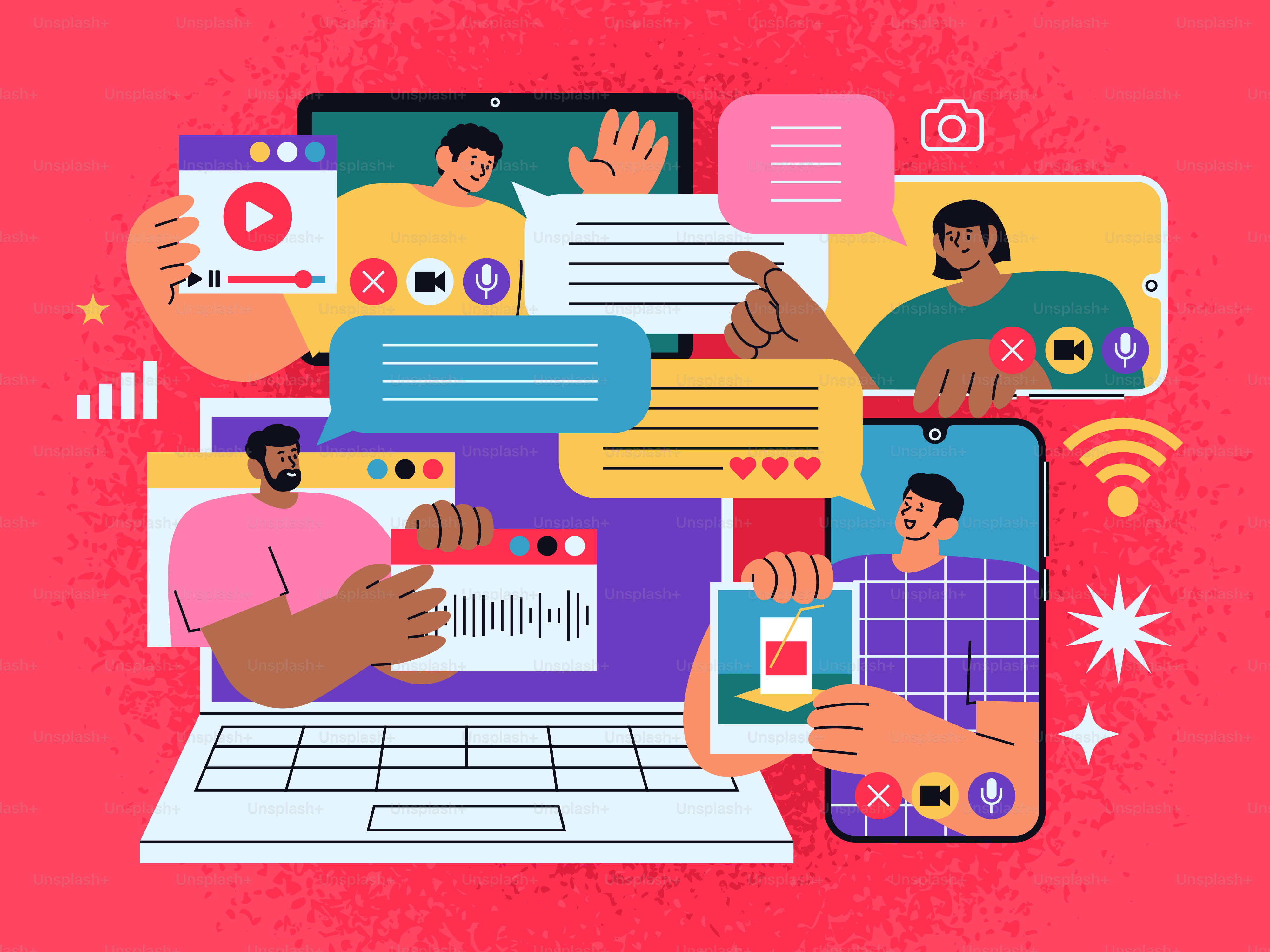 Comunicazione digitale e interazioni sui social media su più dispositivi.