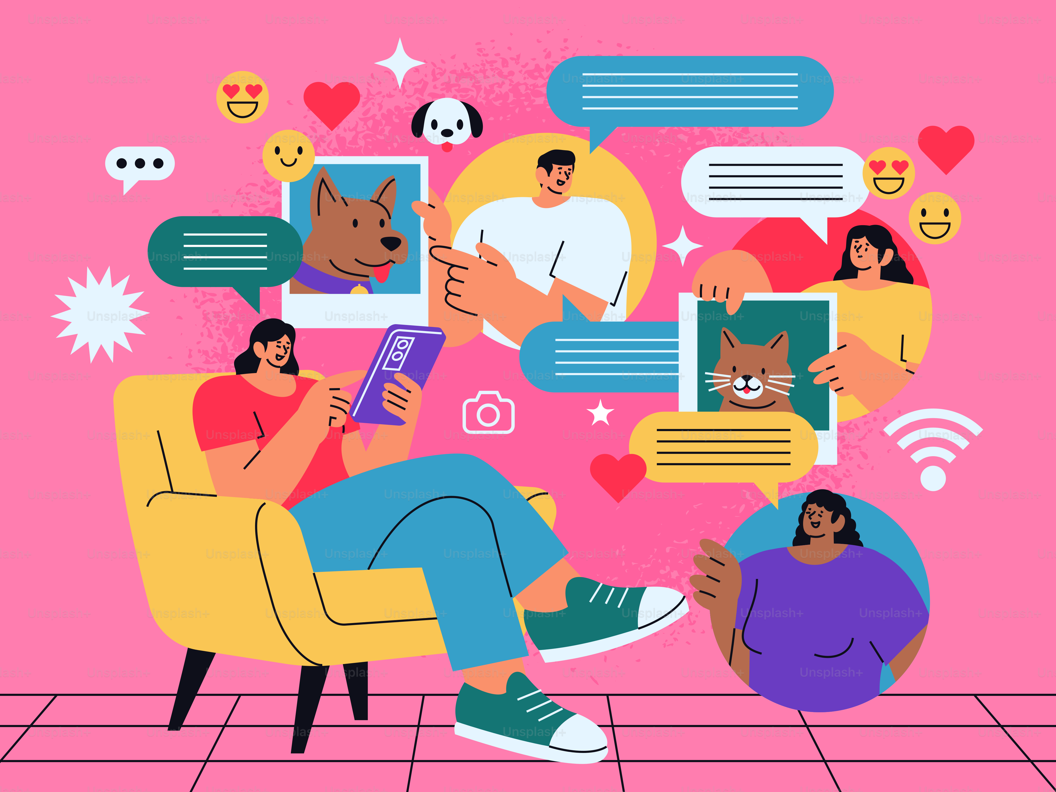 Donna che usa il telefono, circondata da interazioni sui social media.