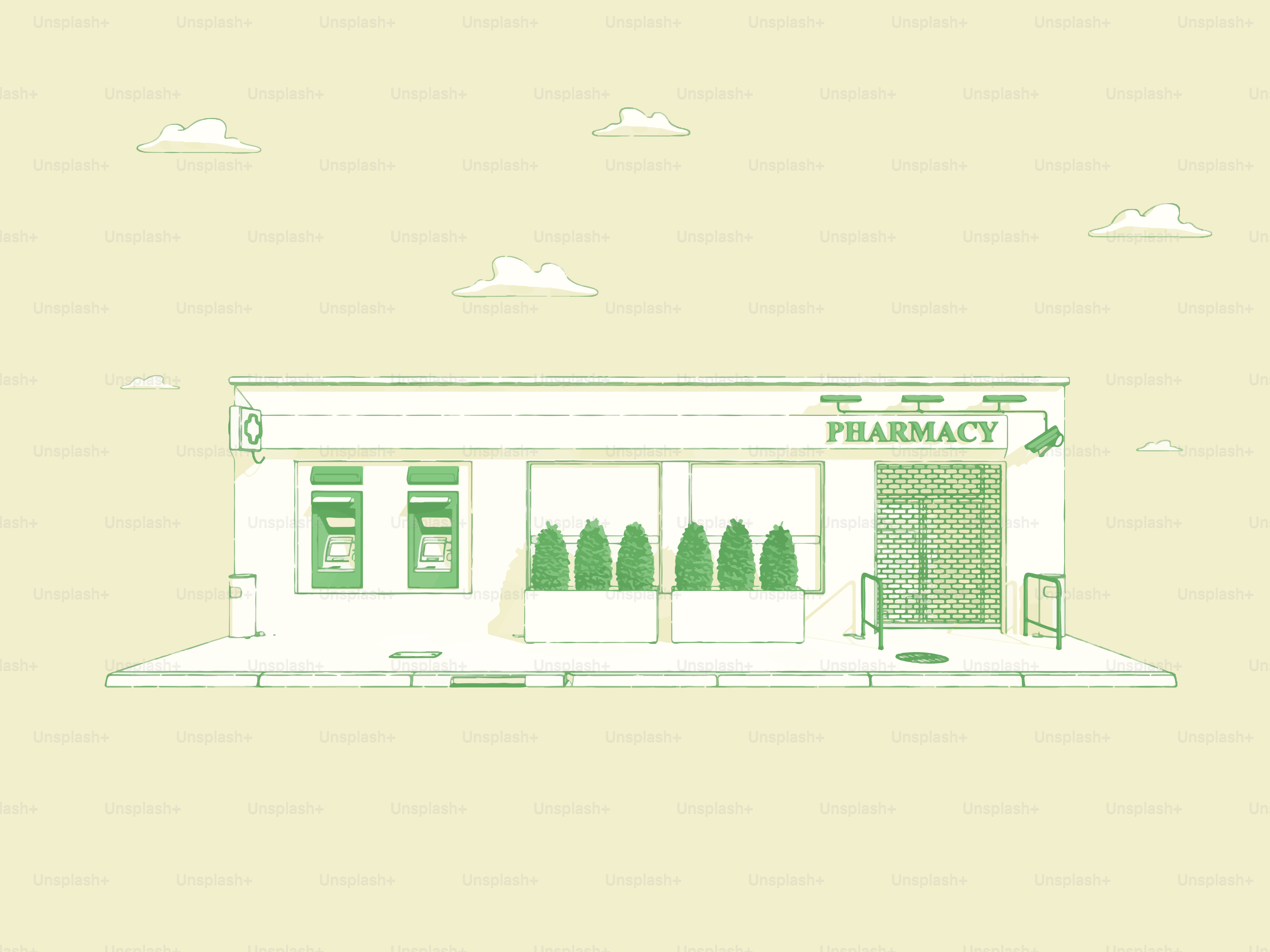 Disegno minimalista in linea verde di un edificio di farmacia
