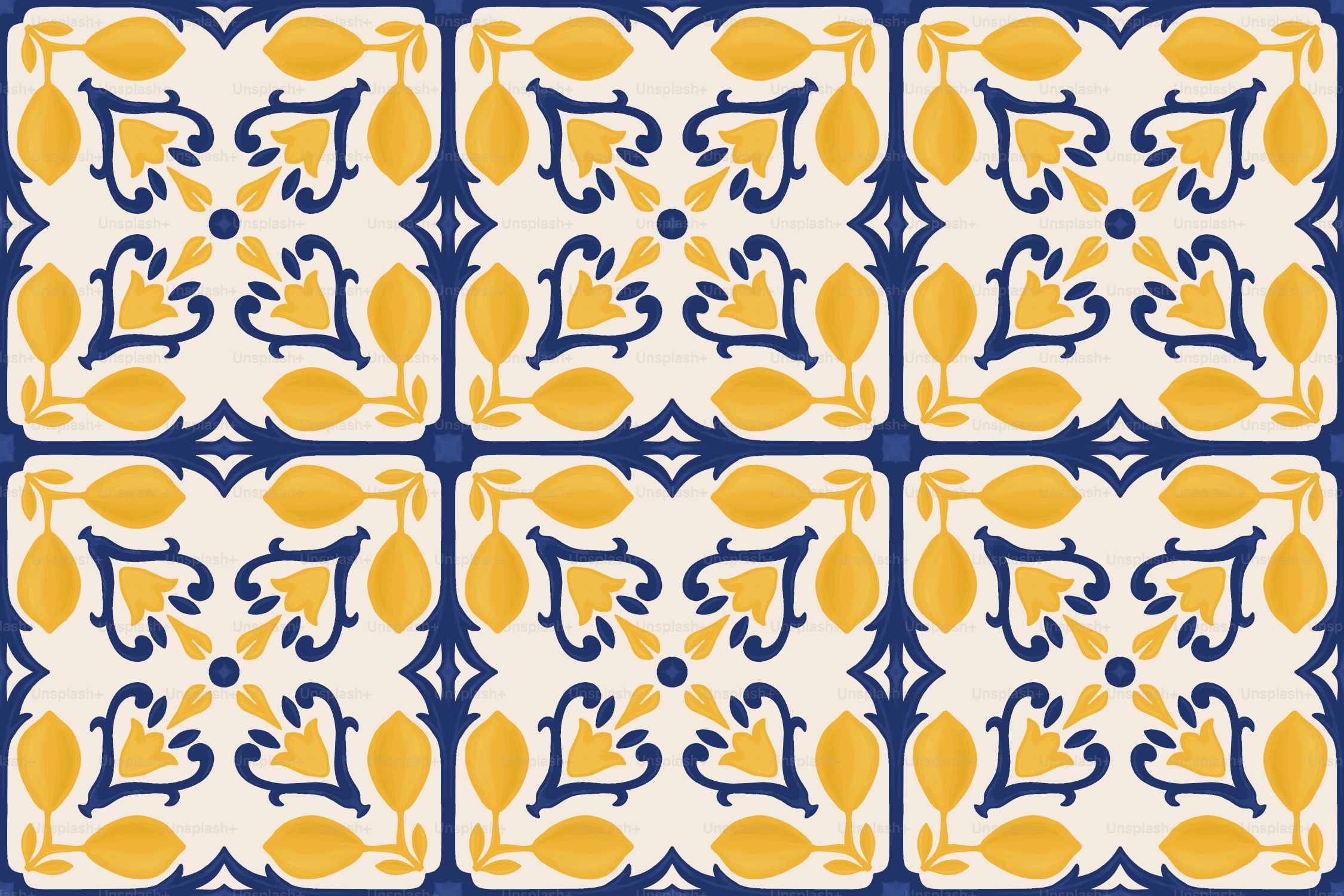 Motivo floreale intricato blu e giallo su piastrelle color crema.