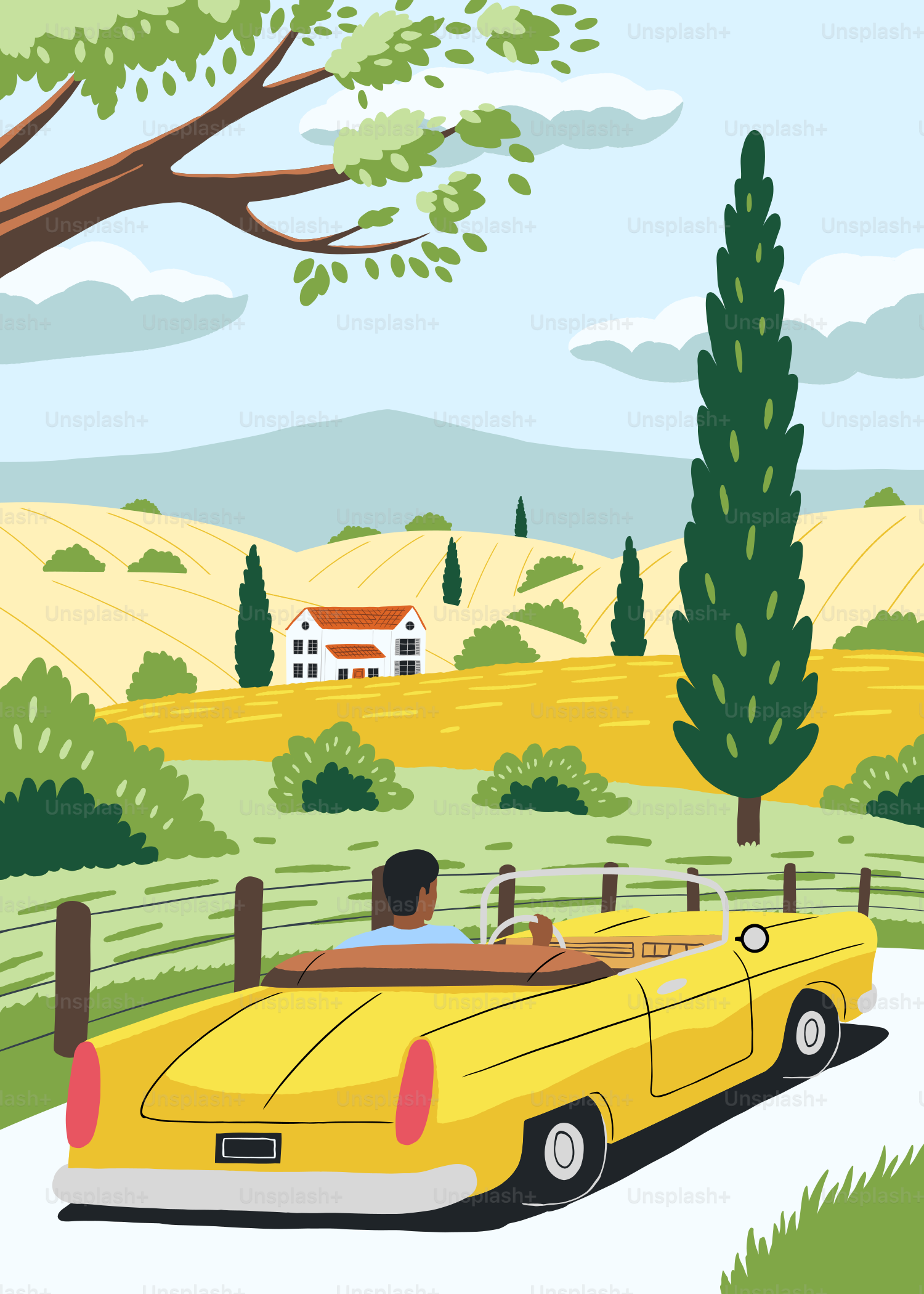 Eine Person fährt ein gelbes Cabriolet durch eine malerische Landschaft
