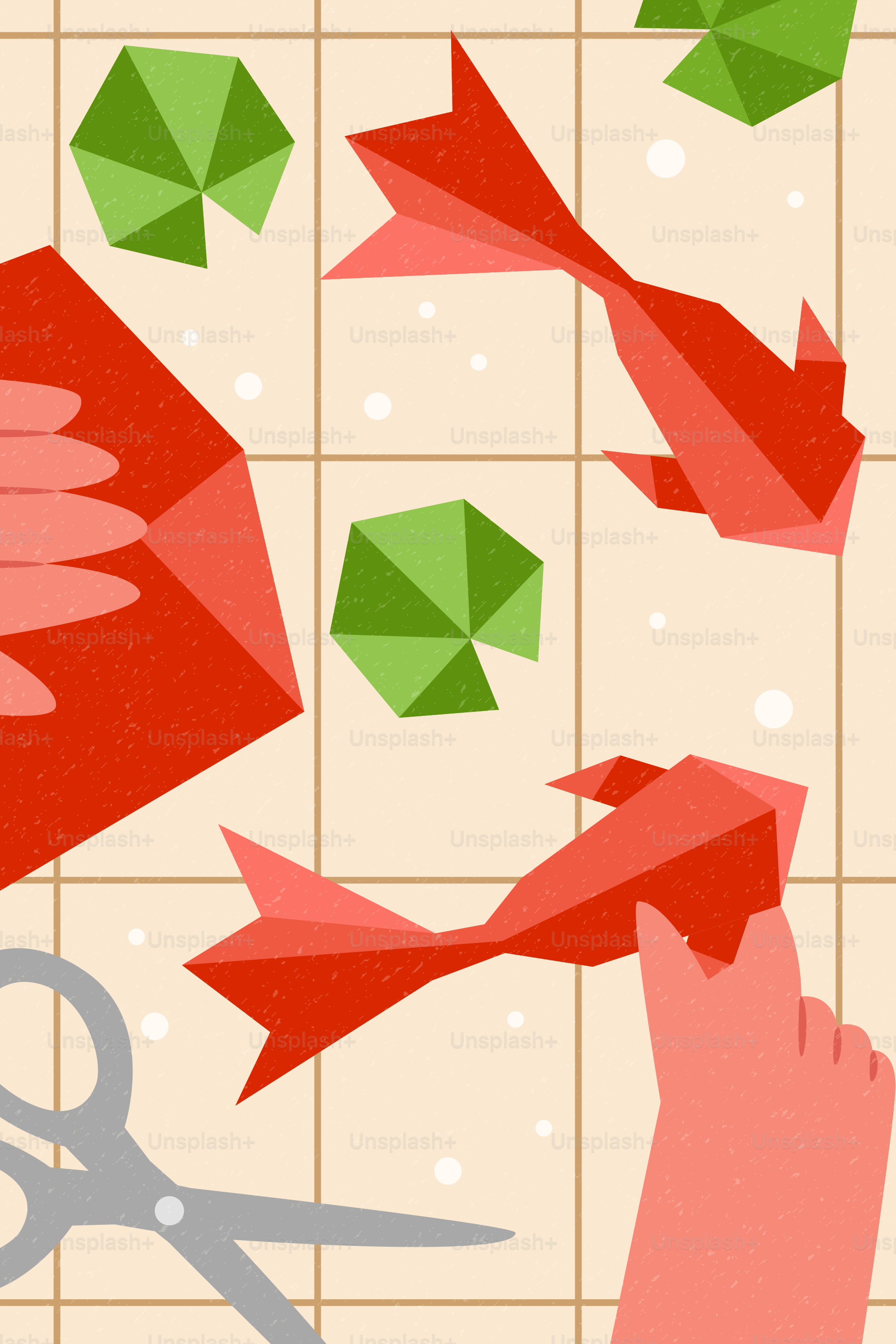 Tangan membuat ikan origami merah dan bentuk kertas hijau.