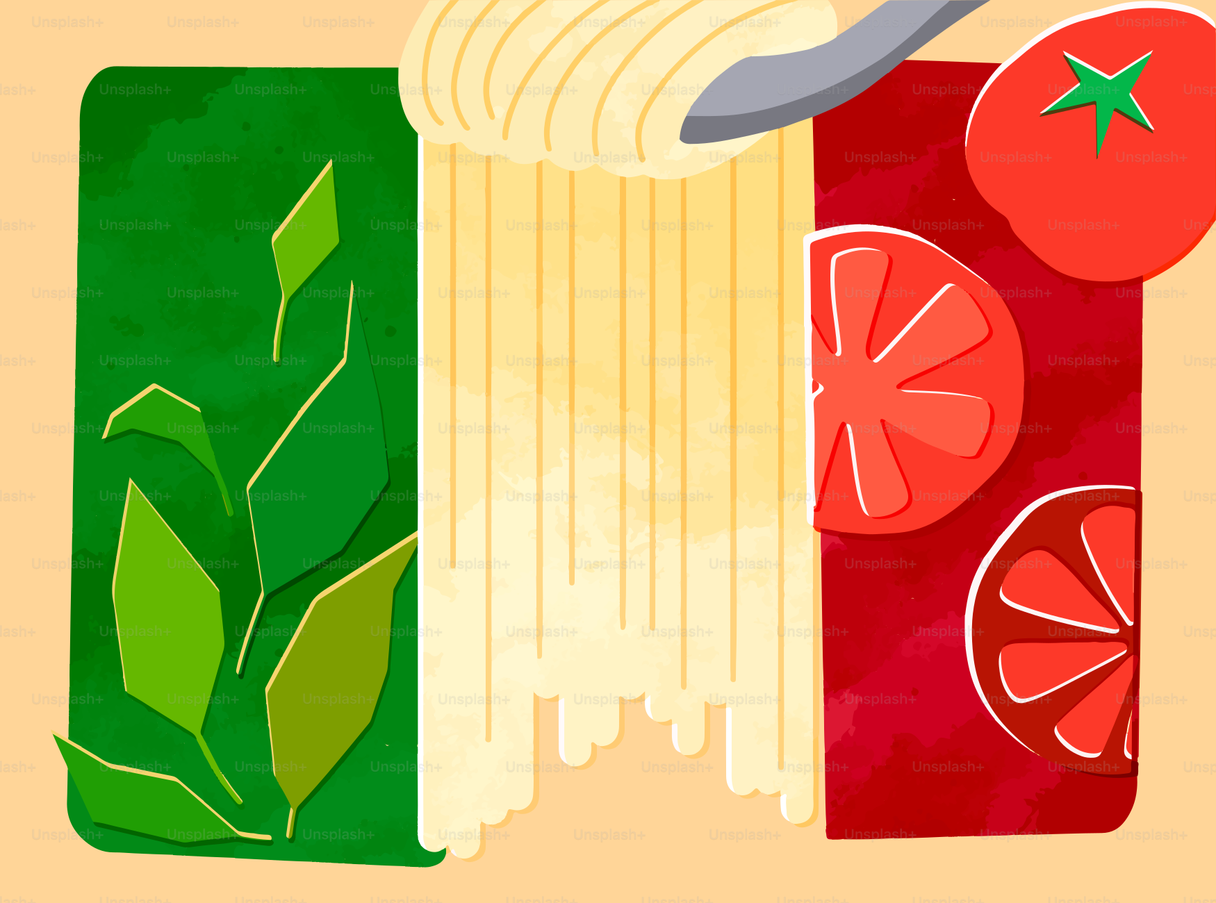 Elemen bendera Italia: spageti, kemangi, dan tomat.