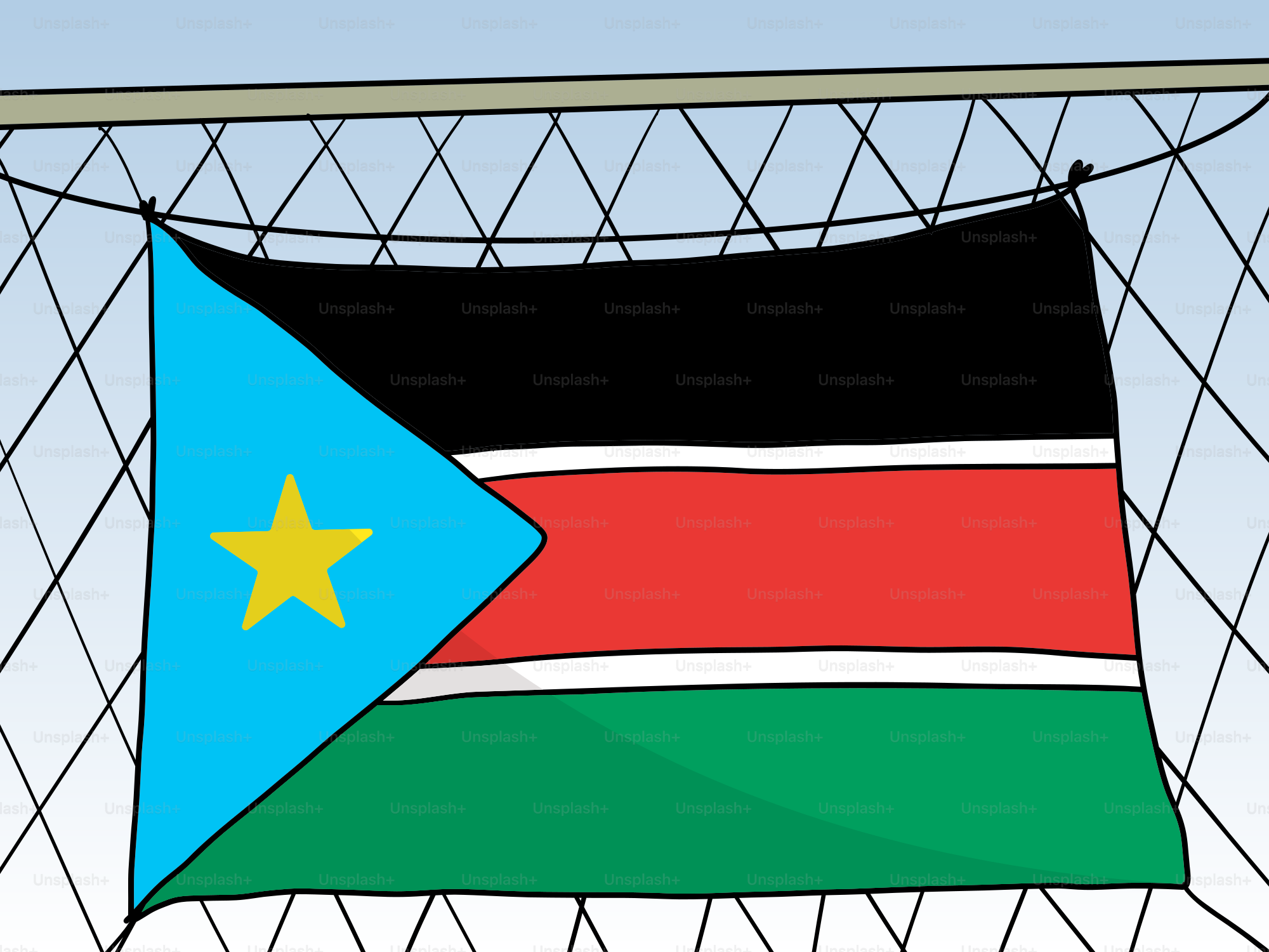 La bandiera nazionale del sud Sudan è appesa a una rete