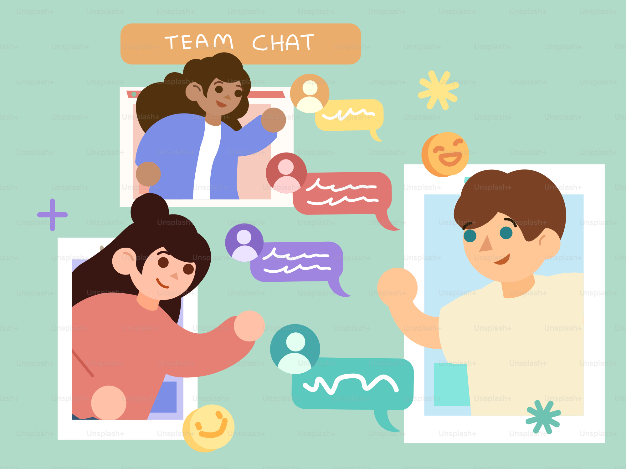 Des personnes diverses communiquant dans un chat d’équipe