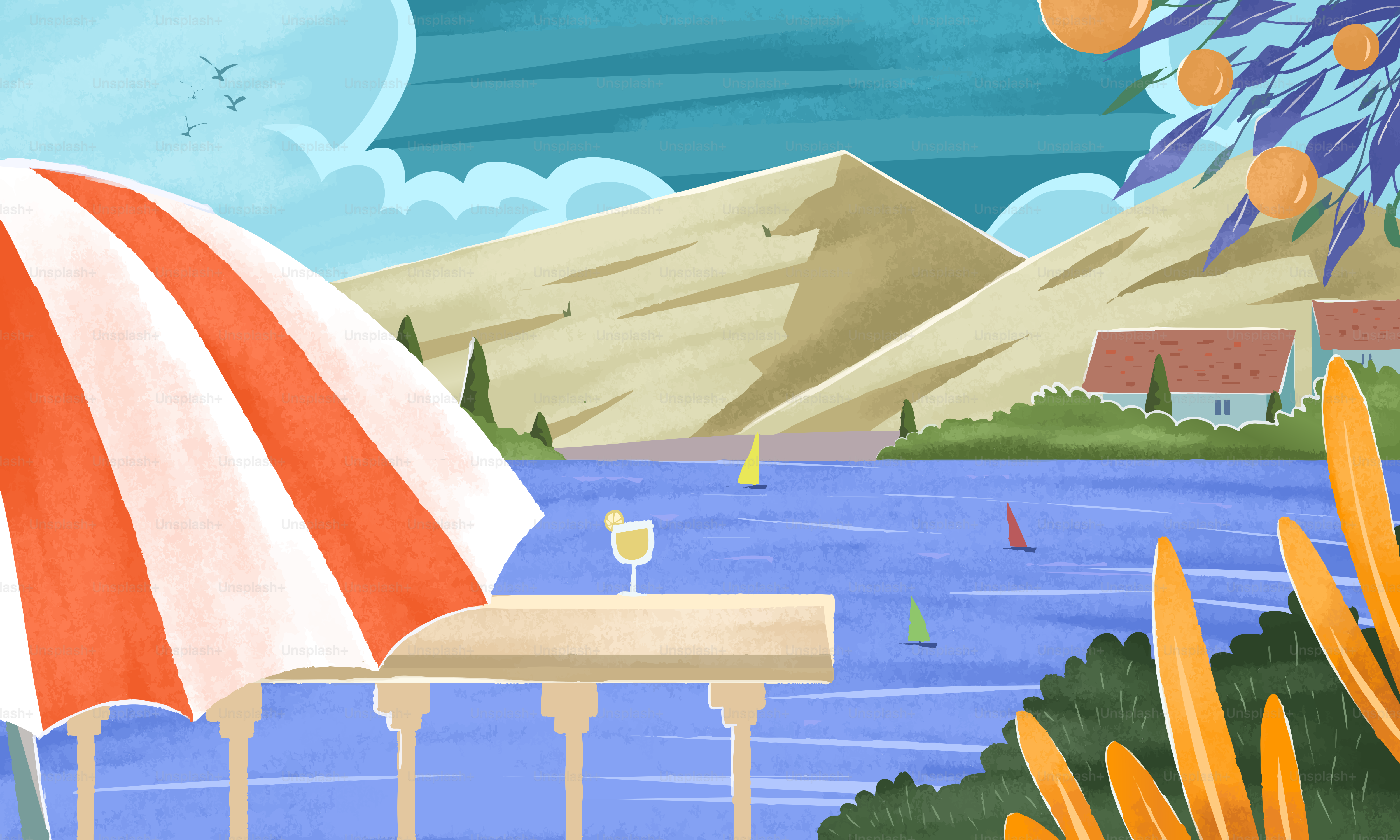 Scenic view of a lake with mountains, umbrella, and sailboats
