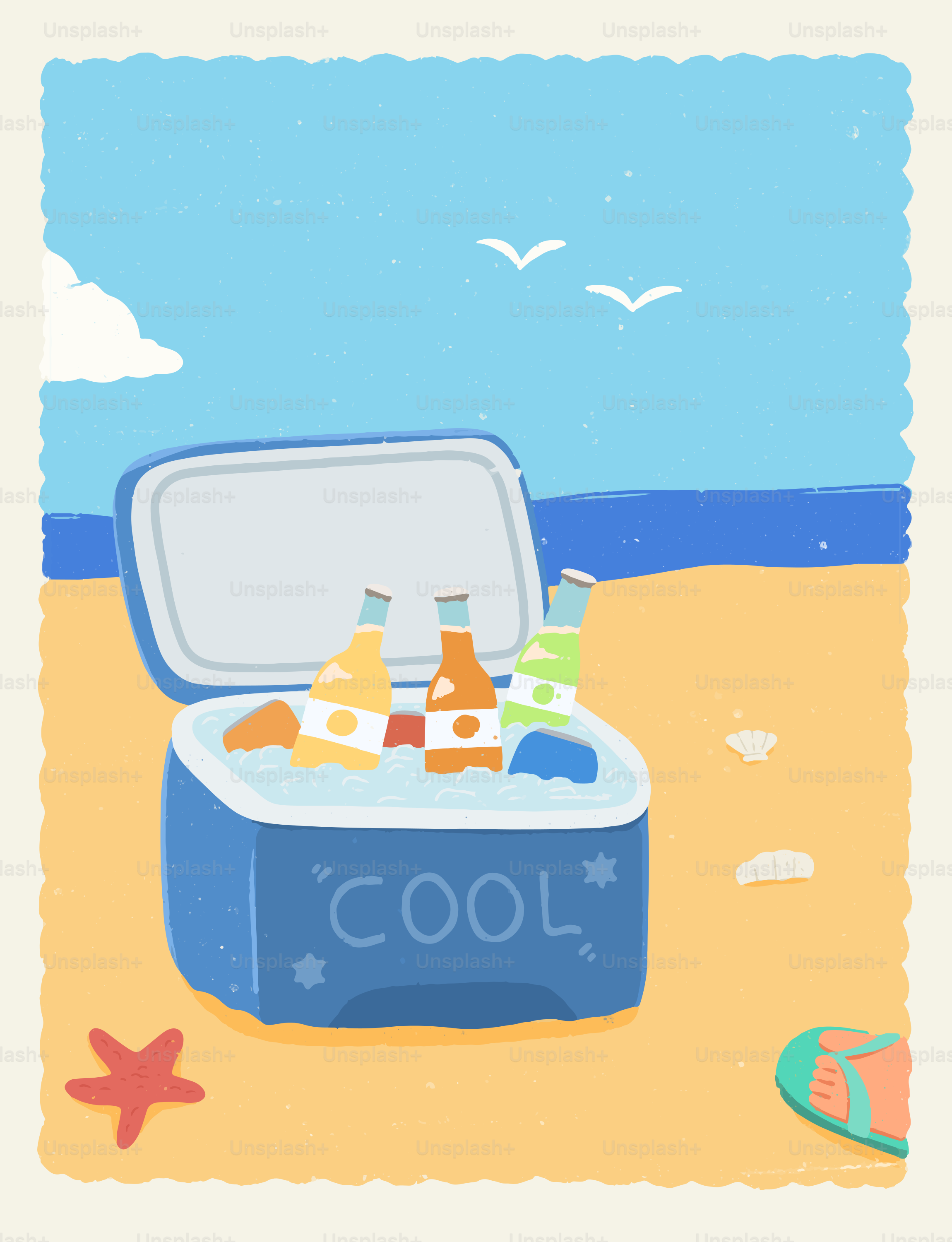 海辺の砂浜で飲み物を飲んでクーラーを。