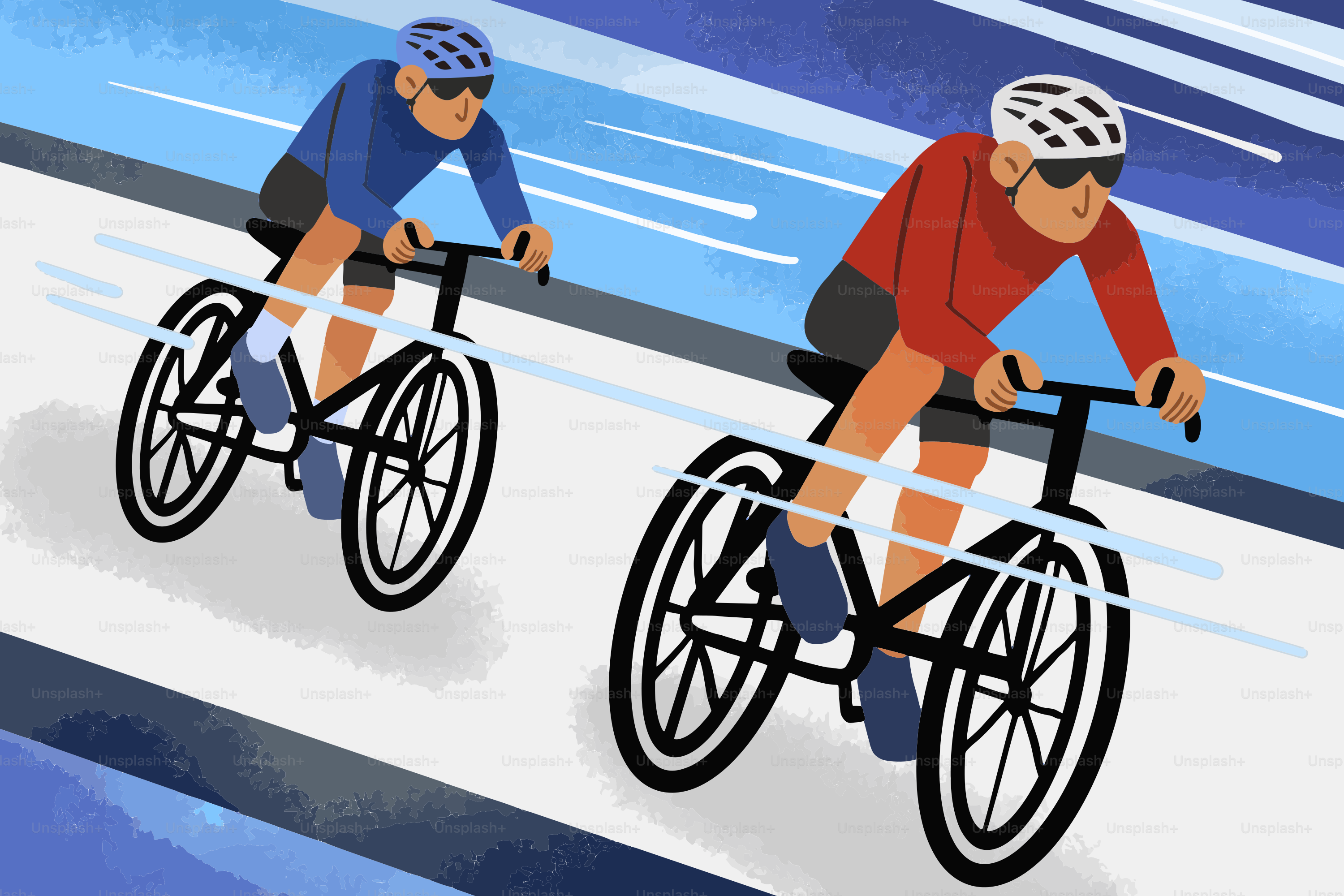 Dois ciclistas de capacete e óculos escuros correm de bicicleta
