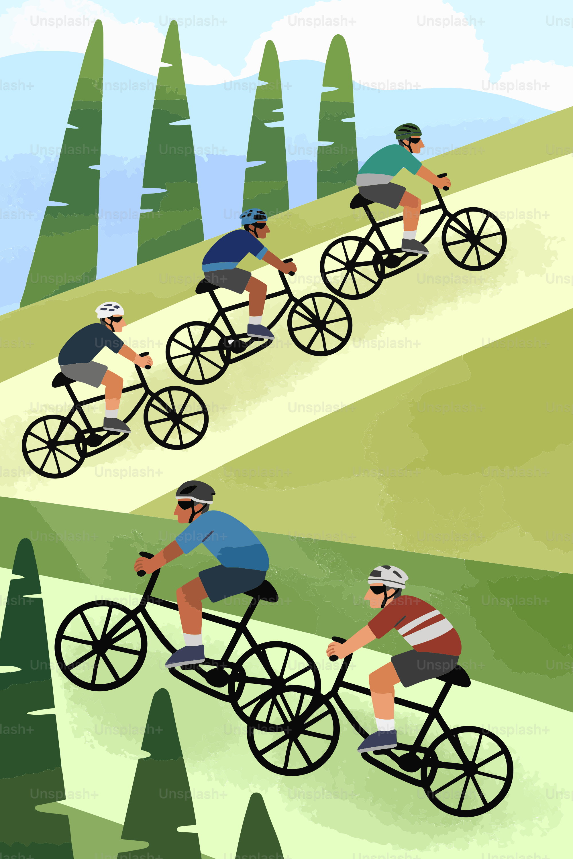 Cinco ciclistas pedalam morro acima em uma paisagem verde e arborizada